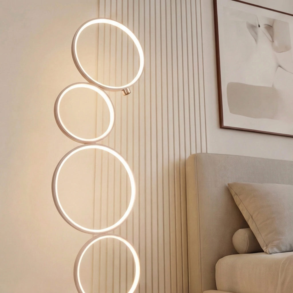 Moderní stojací LED lampa s nastavitelnou výškou, železnou konstrukcí a kruhovým designem z PVC pro ambientní osvětlení obývacího pokoje a ložnice | ribuella