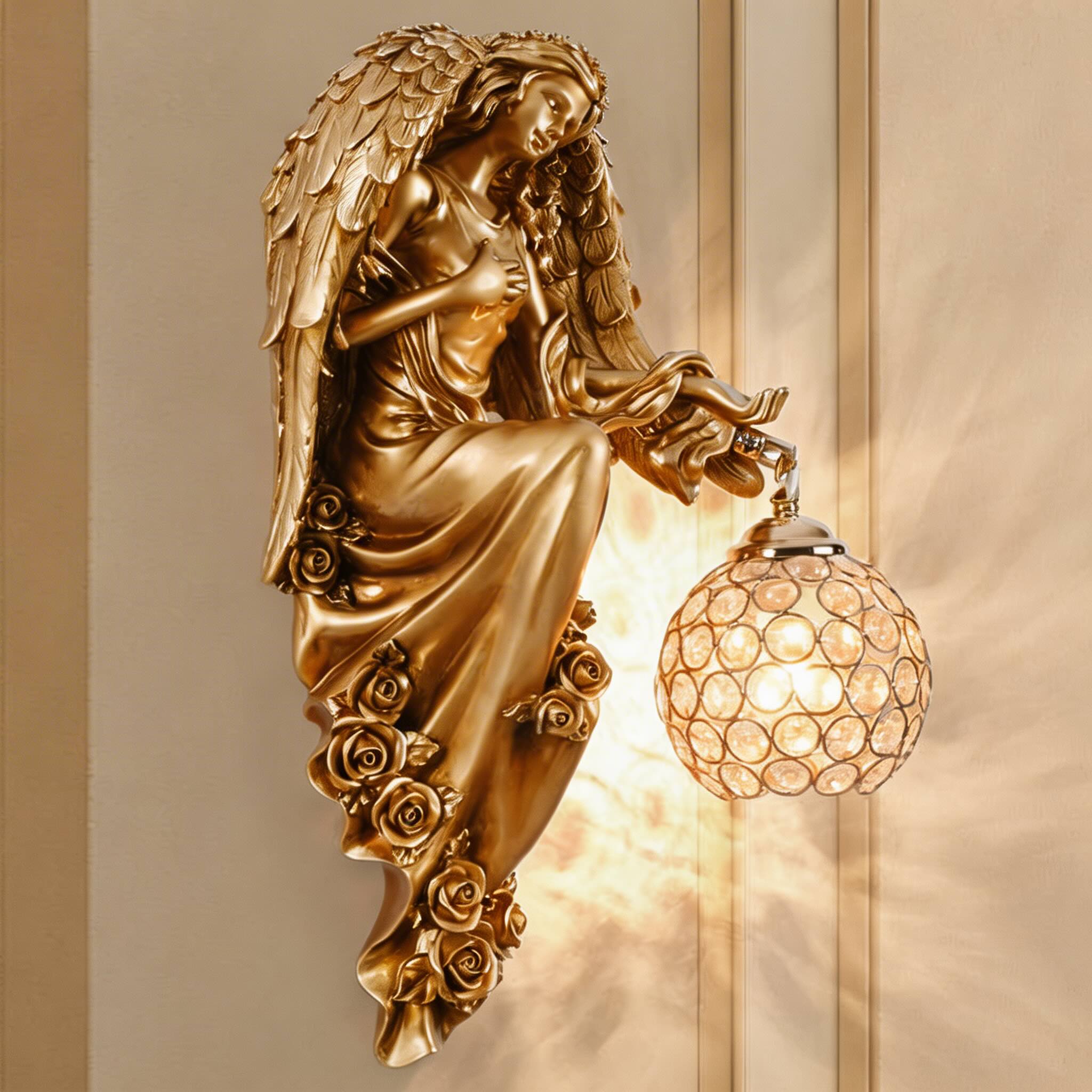European Angel Wall Sconce Wall Light Resin Wall Mounted Crystal Glass Shade E26 LED Compatible | ribuella