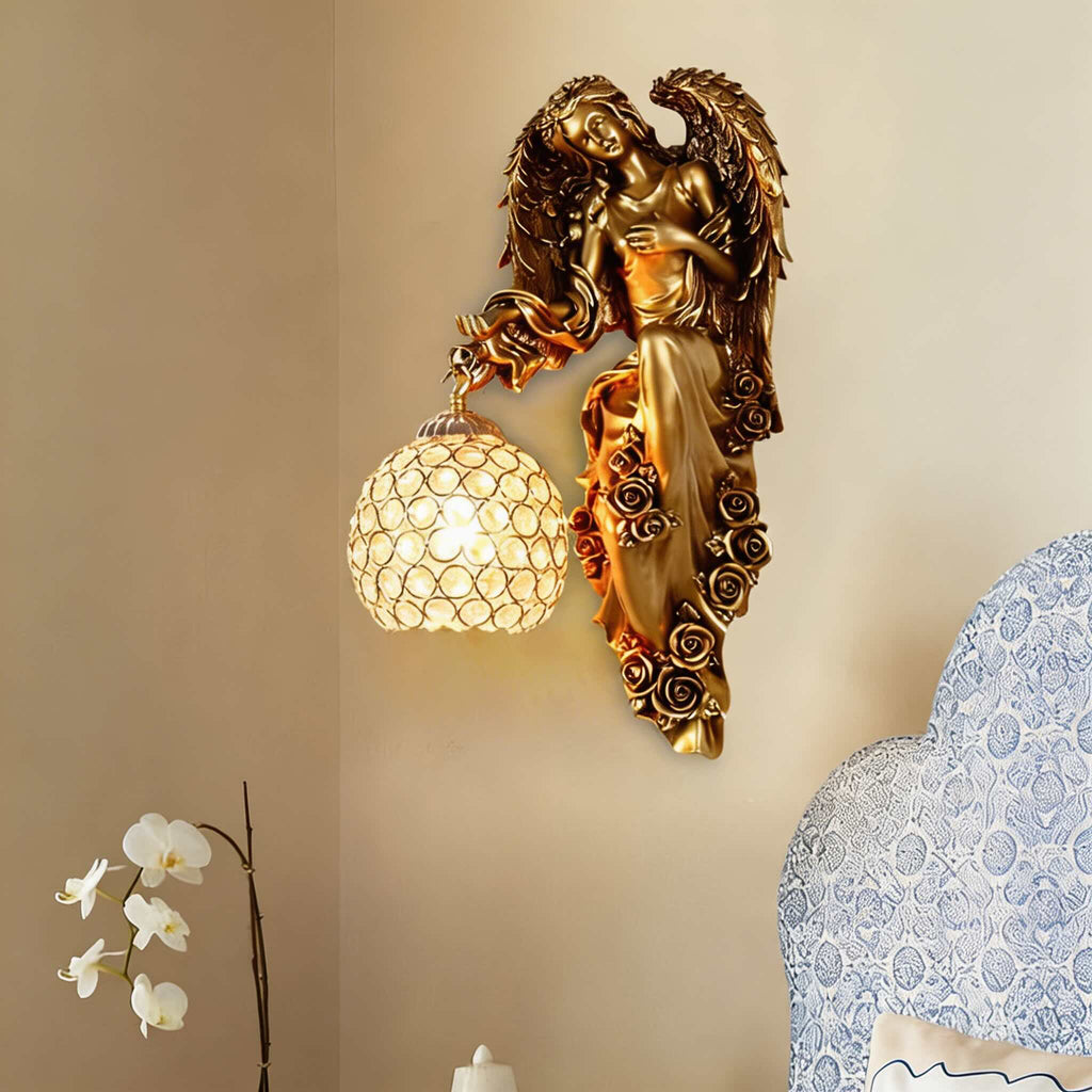 European Angel Wall Sconce Wall Light Resin Wall Mounted Crystal Glass Shade E26 LED Compatible | ribuella