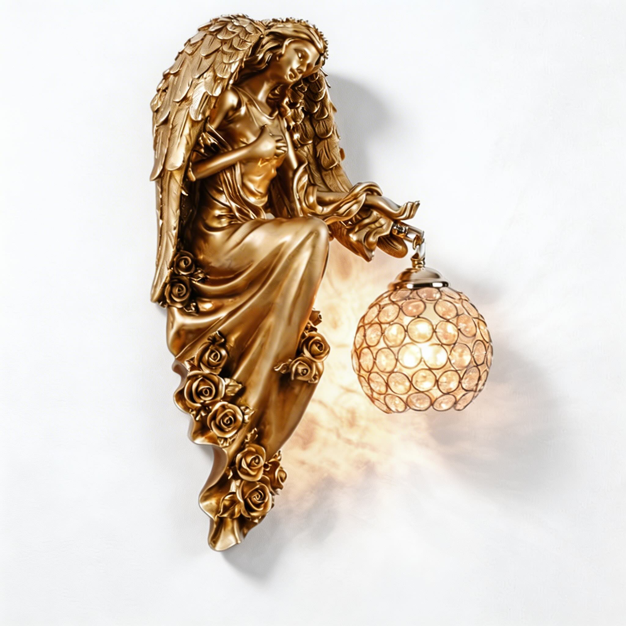 European Angel Wall Sconce Wall Light Resin Wall Mounted Crystal Glass Shade E26 LED Compatible | ribuella