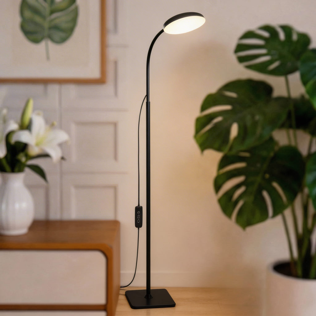 Modern Black Floor Lamp Adjustable Gooseneck LED Reading Light with Three Color Temperatures for Living Room Office | ribuella