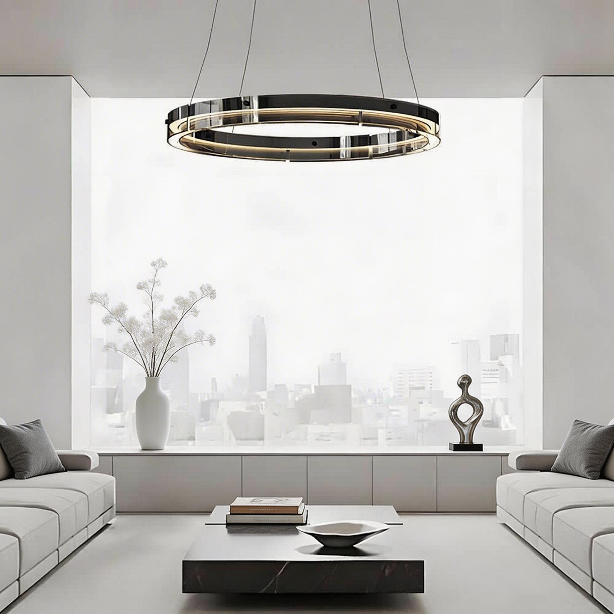 Luminaire suspendu LED moderne noir à hauteur réglable avec abat-jour en verre pour salle à manger | ribuella