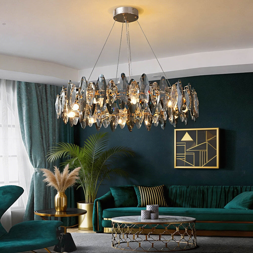 Modern Round Chandelier Light Adjustable Hanging K9 Crystal Iron Frame LED 3000K for Living Room Dining Room | ribuella