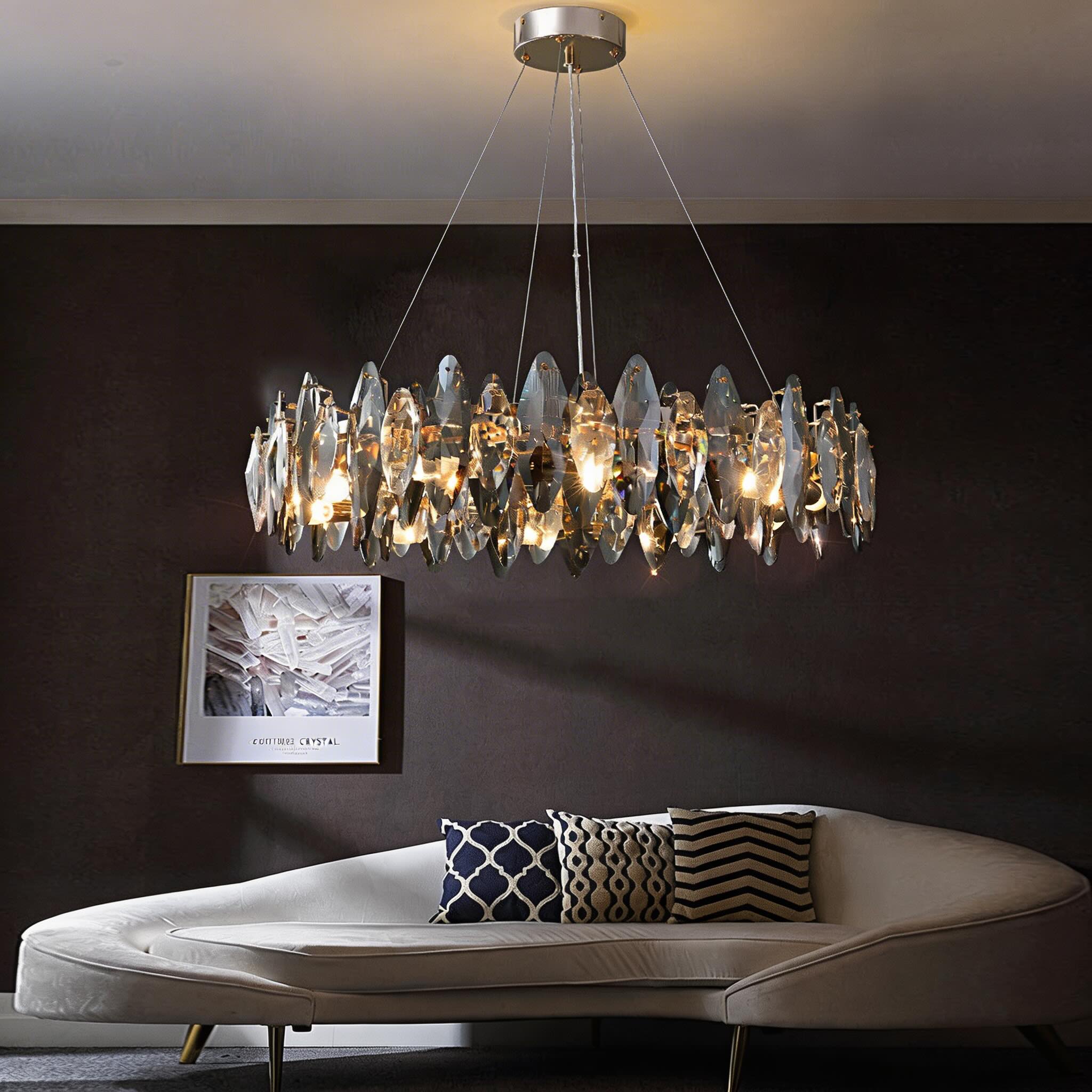 Modern Round Chandelier Light Adjustable Hanging K9 Crystal Iron Frame LED 3000K for Living Room Dining Room | ribuella