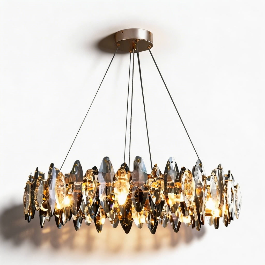 Modern Round Chandelier Light Adjustable Hanging K9 Crystal Iron Frame LED 3000K for Living Room Dining Room | ribuella