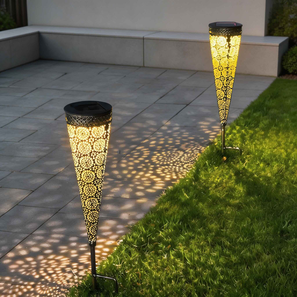 Modern Solar Garden Lights 2-Pack Conical Metal Design LED Waterproof Automatic Outdoor Lights | ribuella