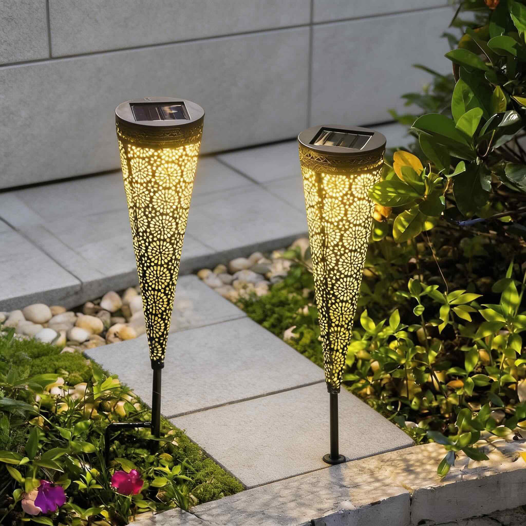 Modern Solar Garden Lights 2-Pack Conical Metal Design LED Waterproof Automatic Outdoor Lights | ribuella