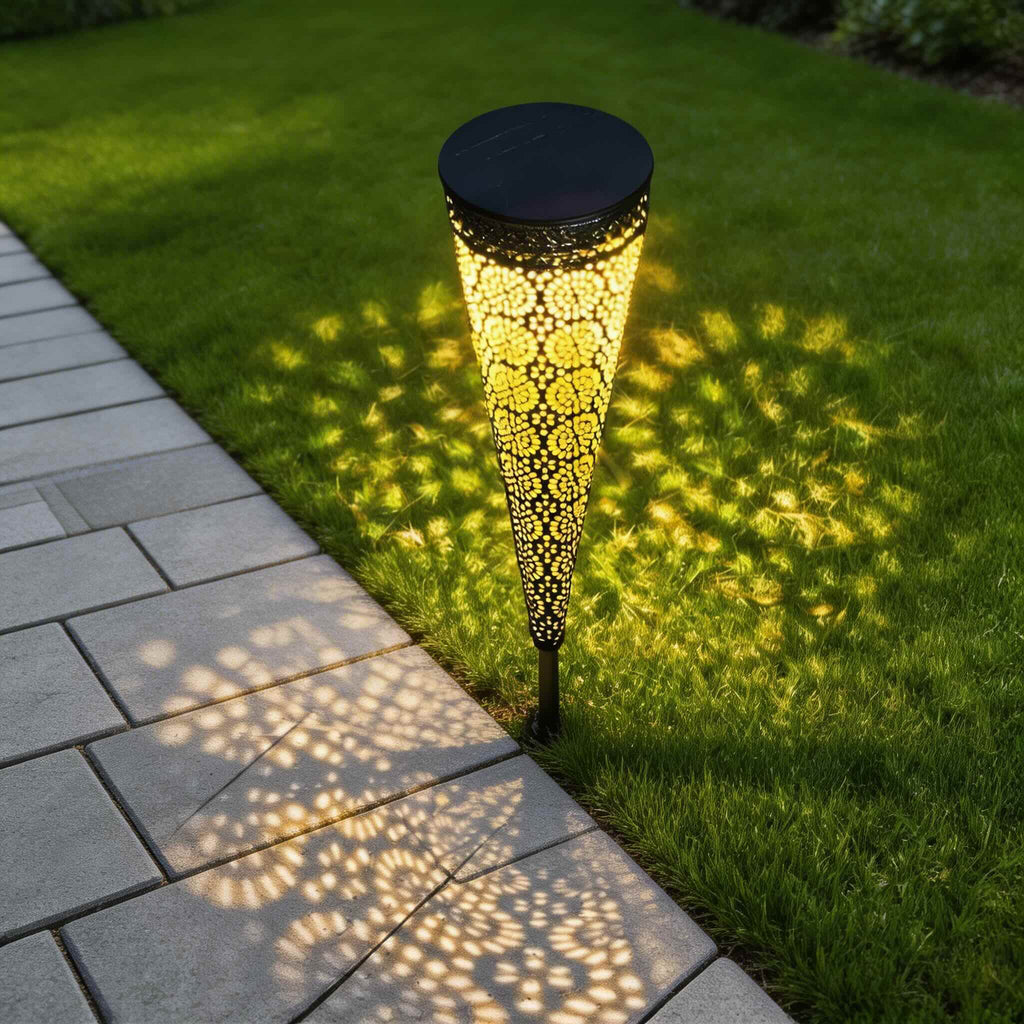 Modern Solar Garden Lights 2-Pack Conical Metal Design LED Waterproof Automatic Outdoor Lights | ribuella