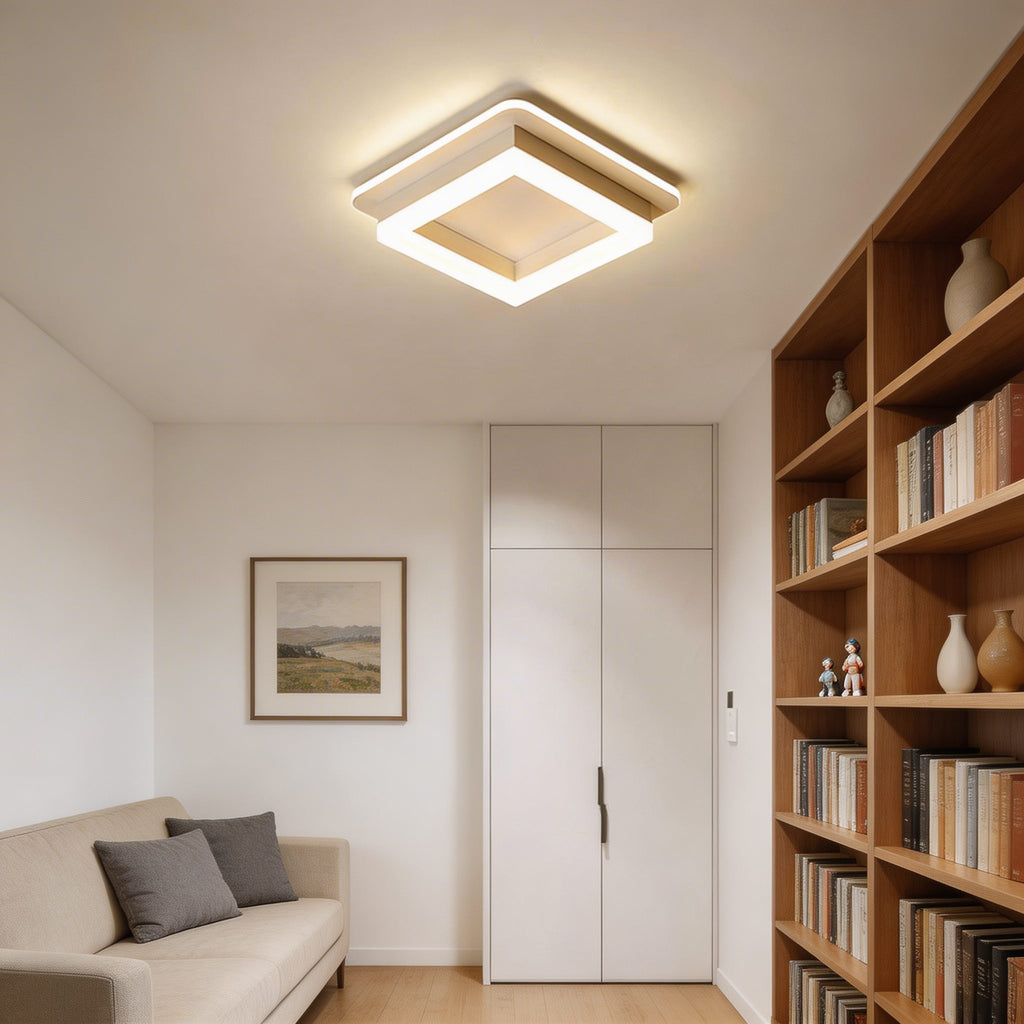 Moderne kvadratisk, planmonteret loftslampe i metal og akryl med LED-design til indendørs brug | ribuella