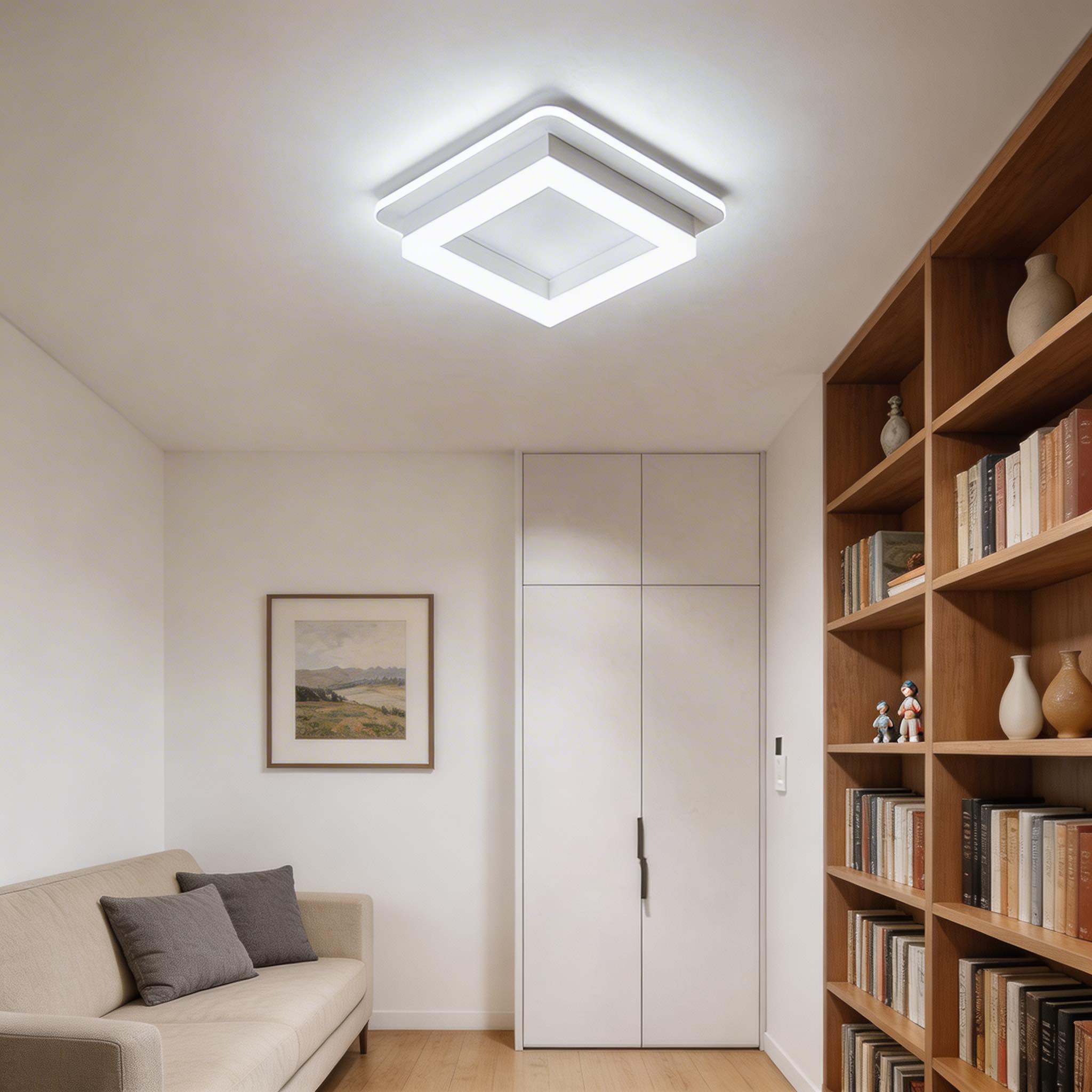 Moderne kvadratisk, planmonteret loftslampe i metal og akryl med LED-design til indendørs brug | ribuella