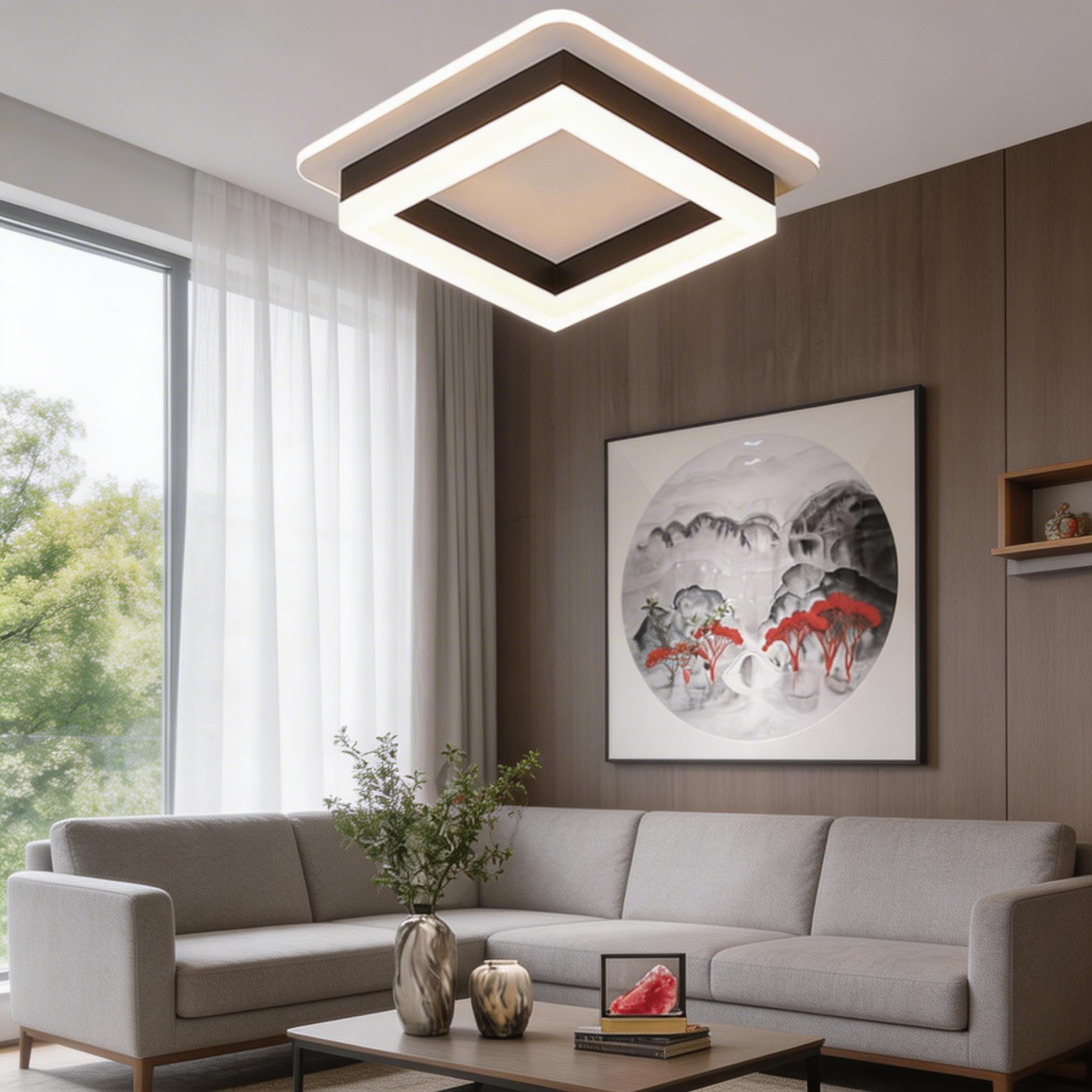 Moderne kvadratisk, planmonteret loftslampe i metal og akryl med LED-design til indendørs brug | ribuella