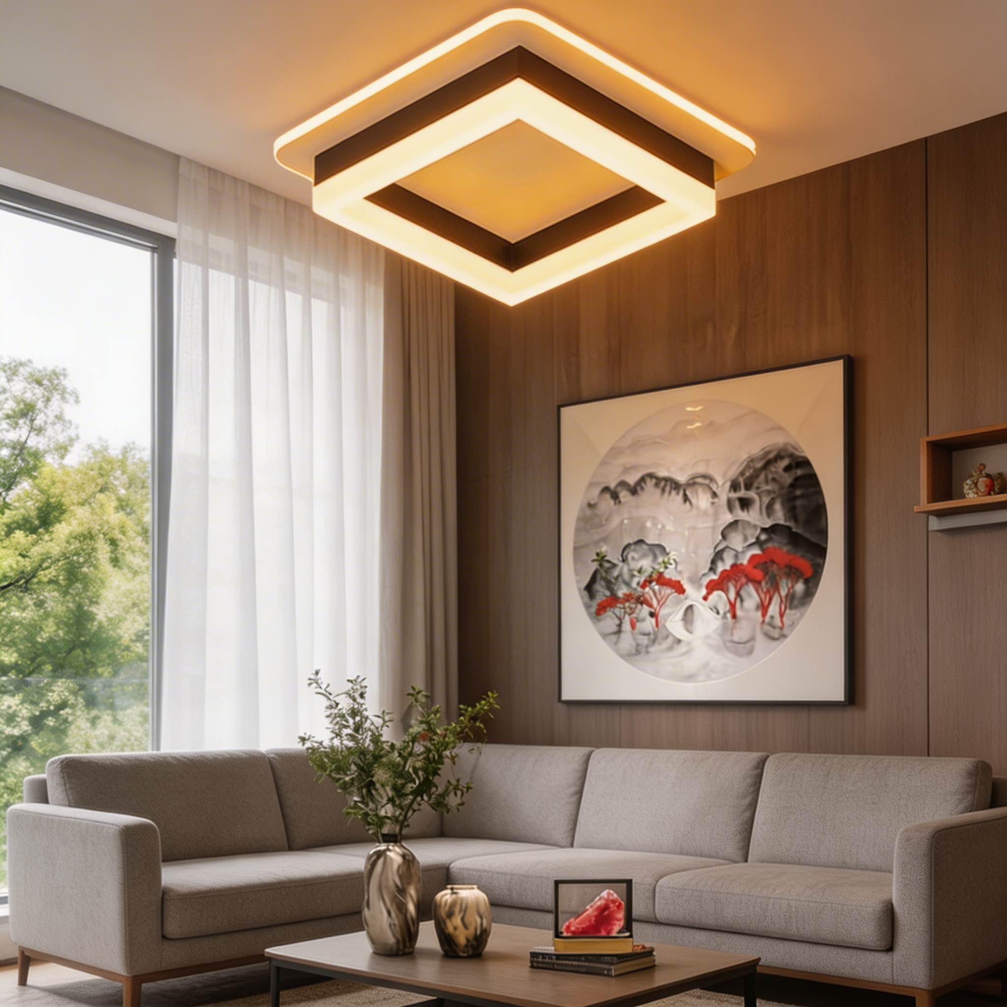 Moderne kvadratisk, planmonteret loftslampe i metal og akryl med LED-design til indendørs brug | ribuella