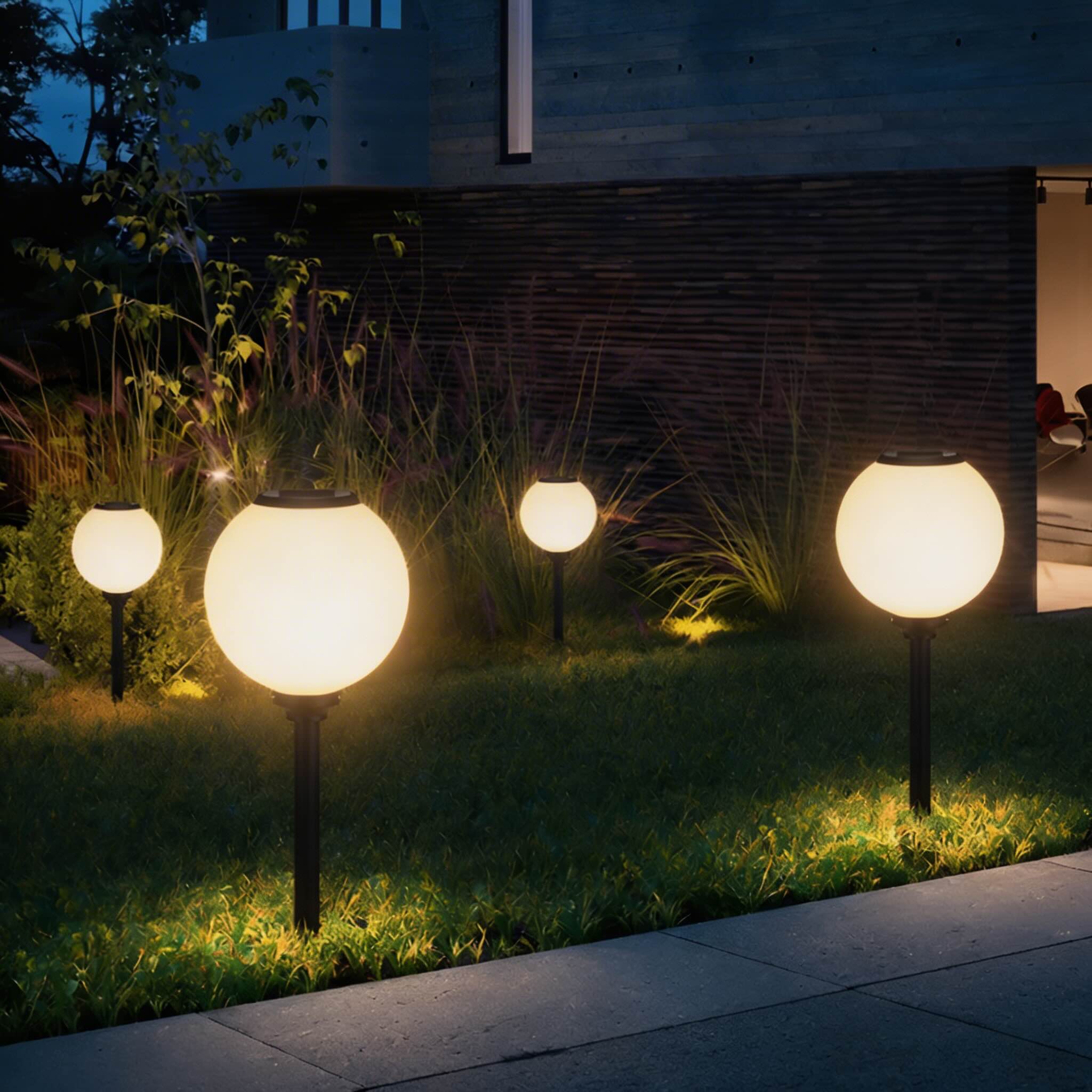Lampada solare moderna da vialetto con luminosità regolabile, impermeabile, in alluminio, design a sfera rotonda a LED | ribuella