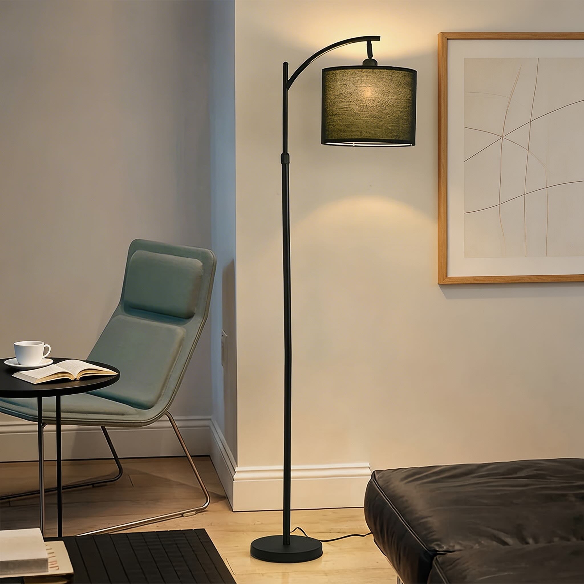 Moderne schwarze Bogen-Stehlampe mit höhenverstellbarem Stoffschirm für das Wohnzimmer | ribuella
