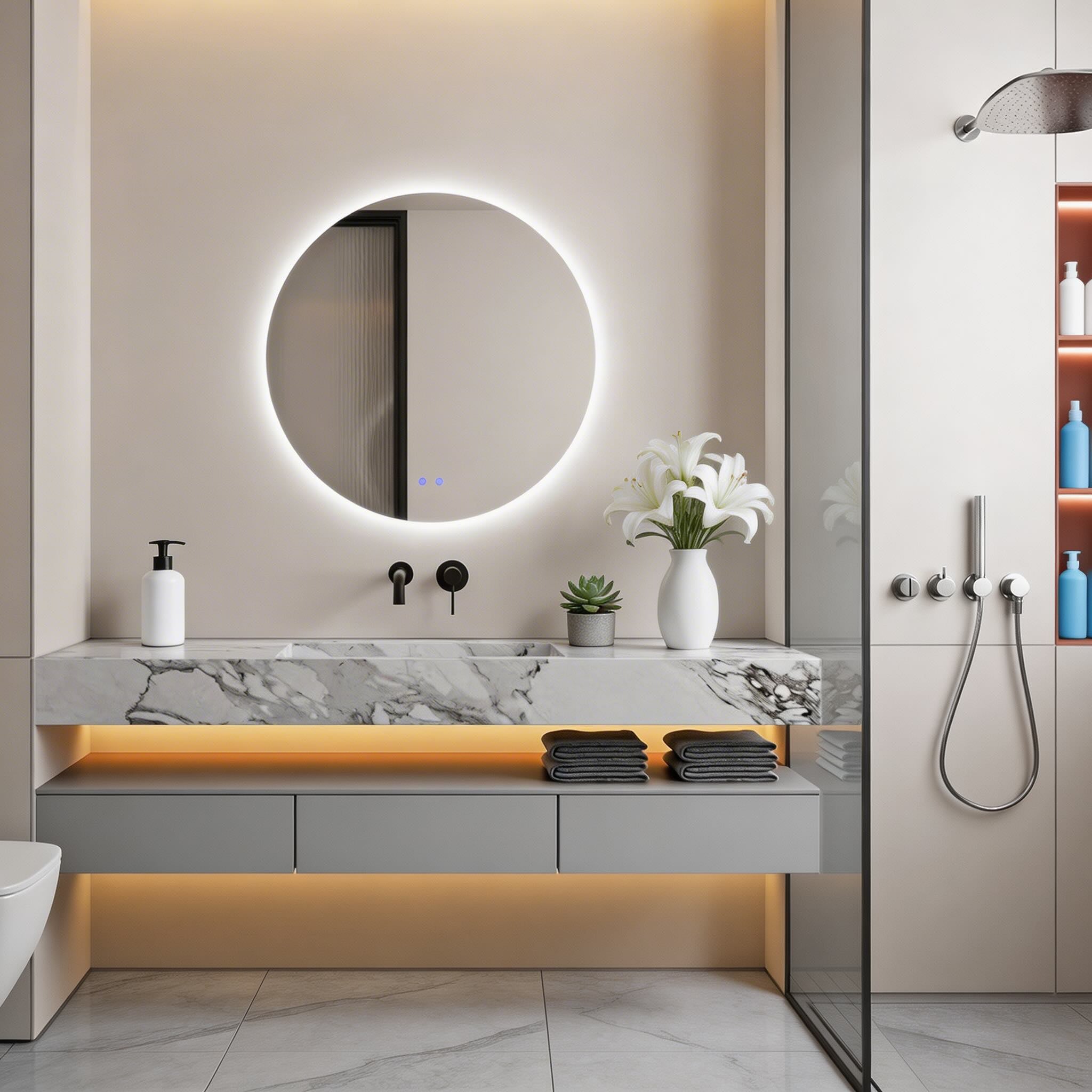 Runder LED-Badezimmerspiegel 80cm, hinterleuchtet, beschlagfrei mit einstellbarer Beleuchtung | ribuella