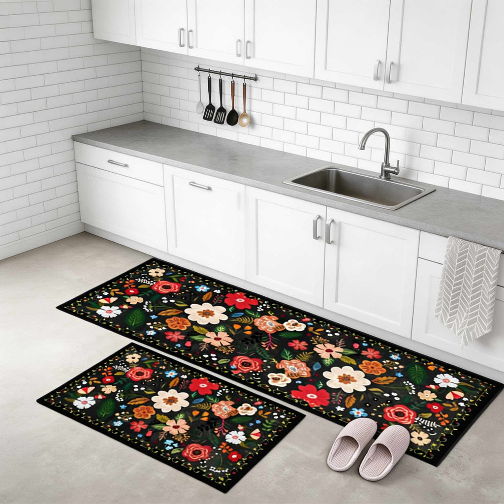 Boho Floral Anti-Fatigue Kitchen Mats Set, Durable Cotton & Polyester, 2 Rectangular Rugs | ribuella