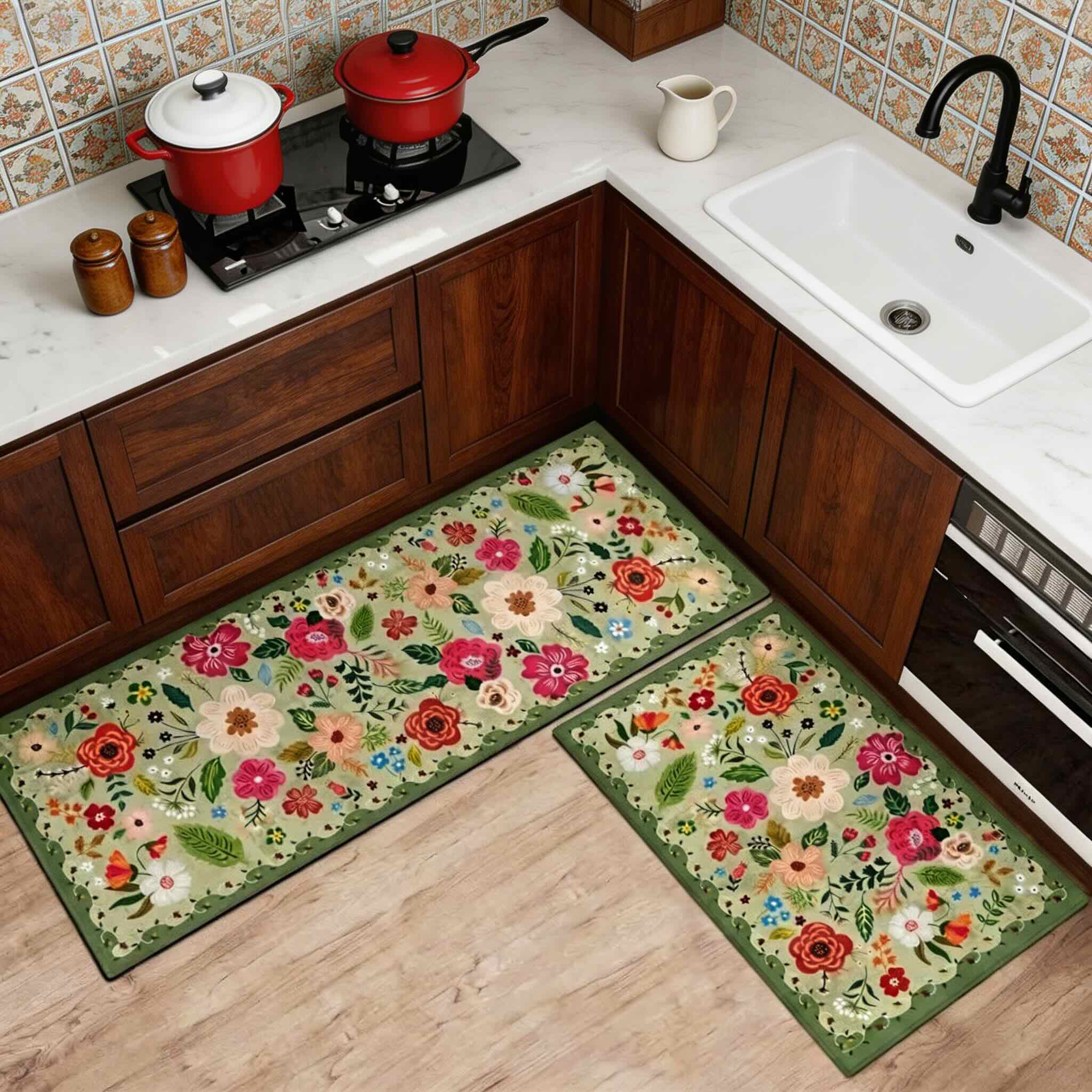 Boho Floral Anti-Fatigue Kitchen Mats Set, Durable Cotton & Polyester, 2 Rectangular Rugs | ribuella