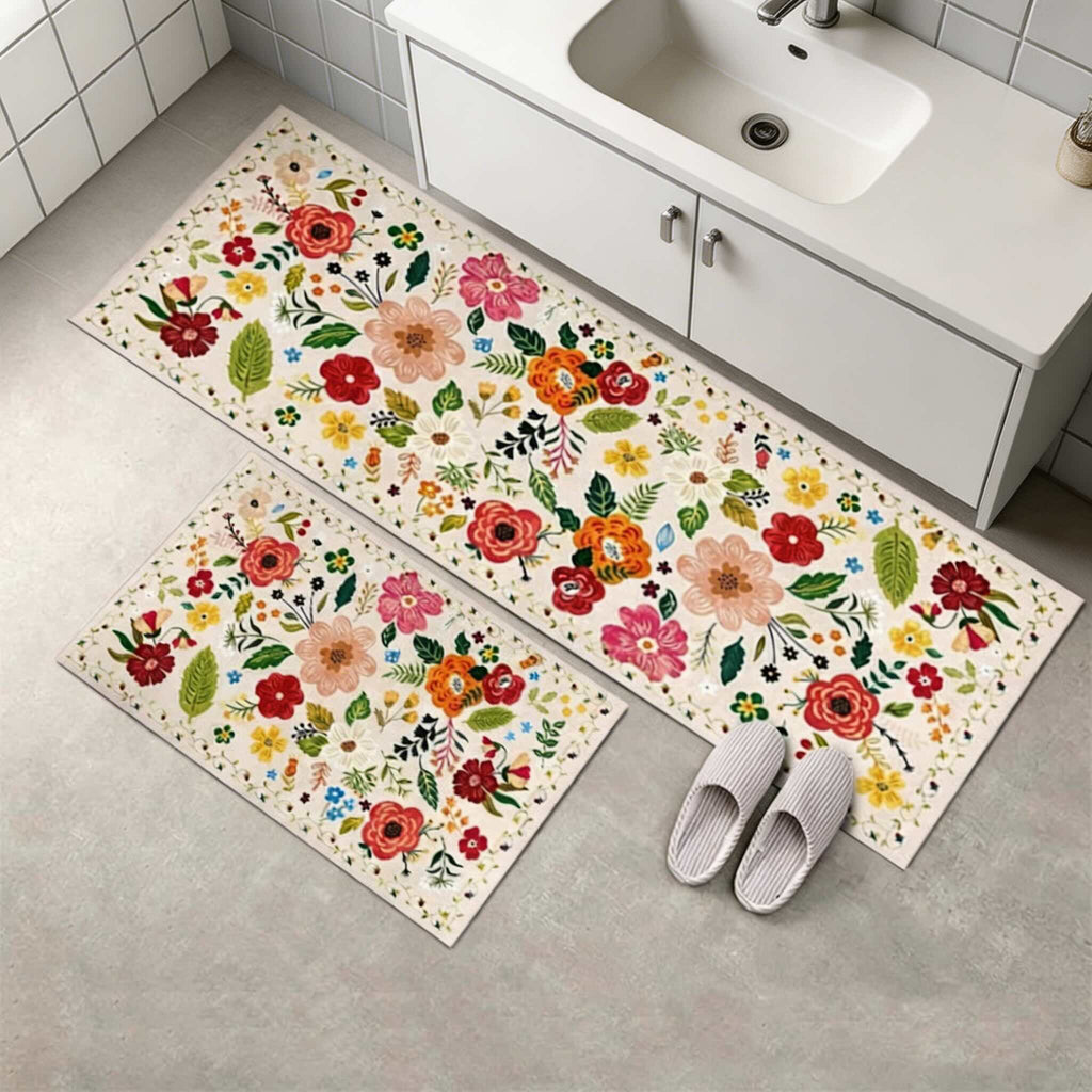 Boho Floral Anti-Fatigue Kitchen Mats Set, Durable Cotton & Polyester, 2 Rectangular Rugs | ribuella