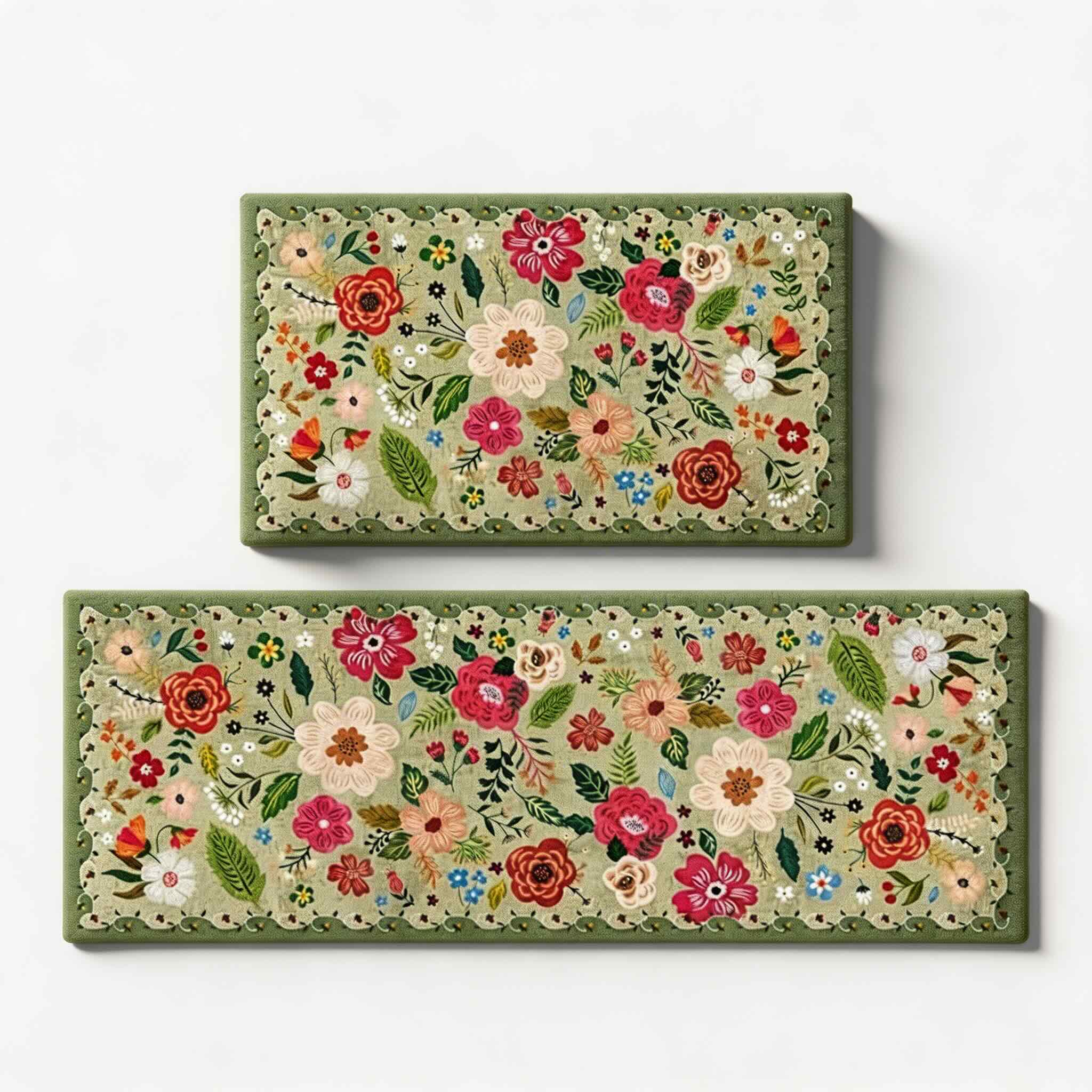 Boho Floral Anti-Fatigue Kitchen Mats Set, Durable Cotton & Polyester, 2 Rectangular Rugs | ribuella