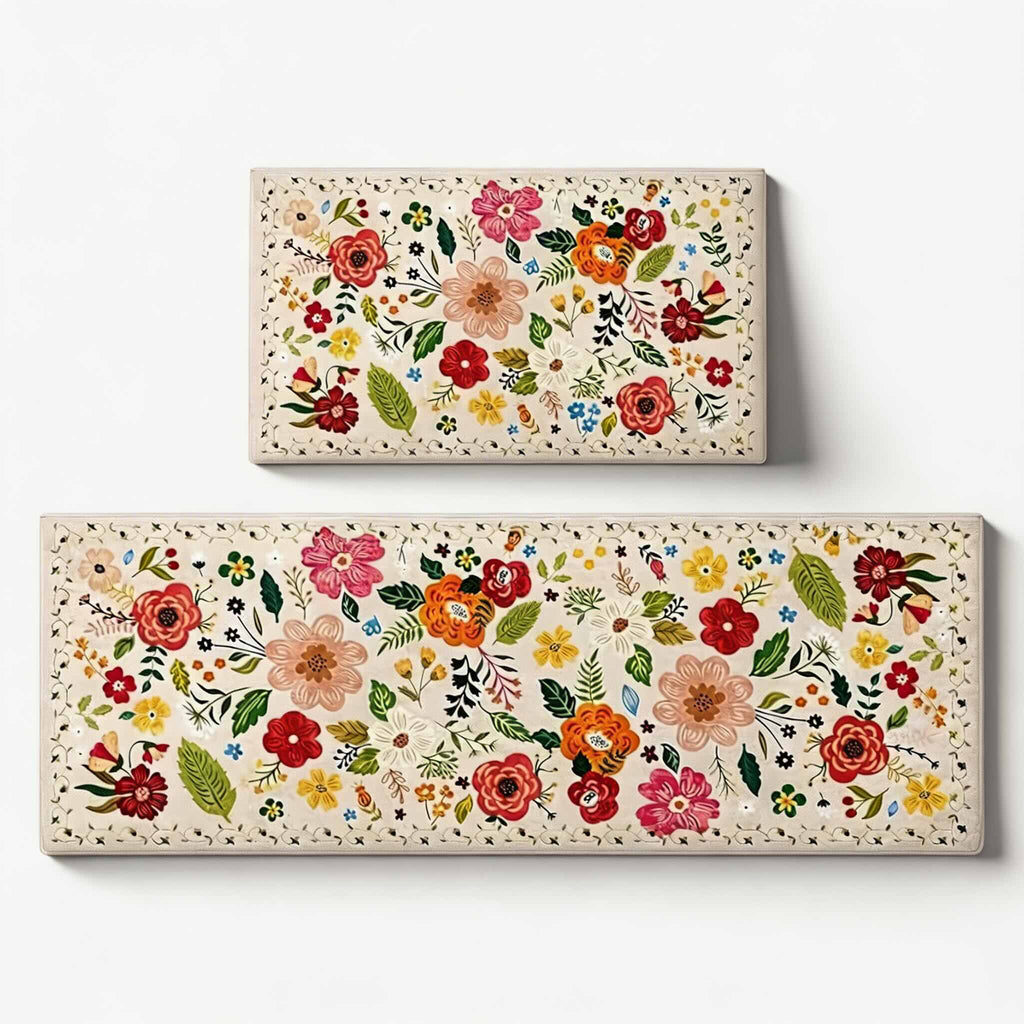 Boho Floral Anti-Fatigue Kitchen Mats Set, Durable Cotton & Polyester, 2 Rectangular Rugs | ribuella