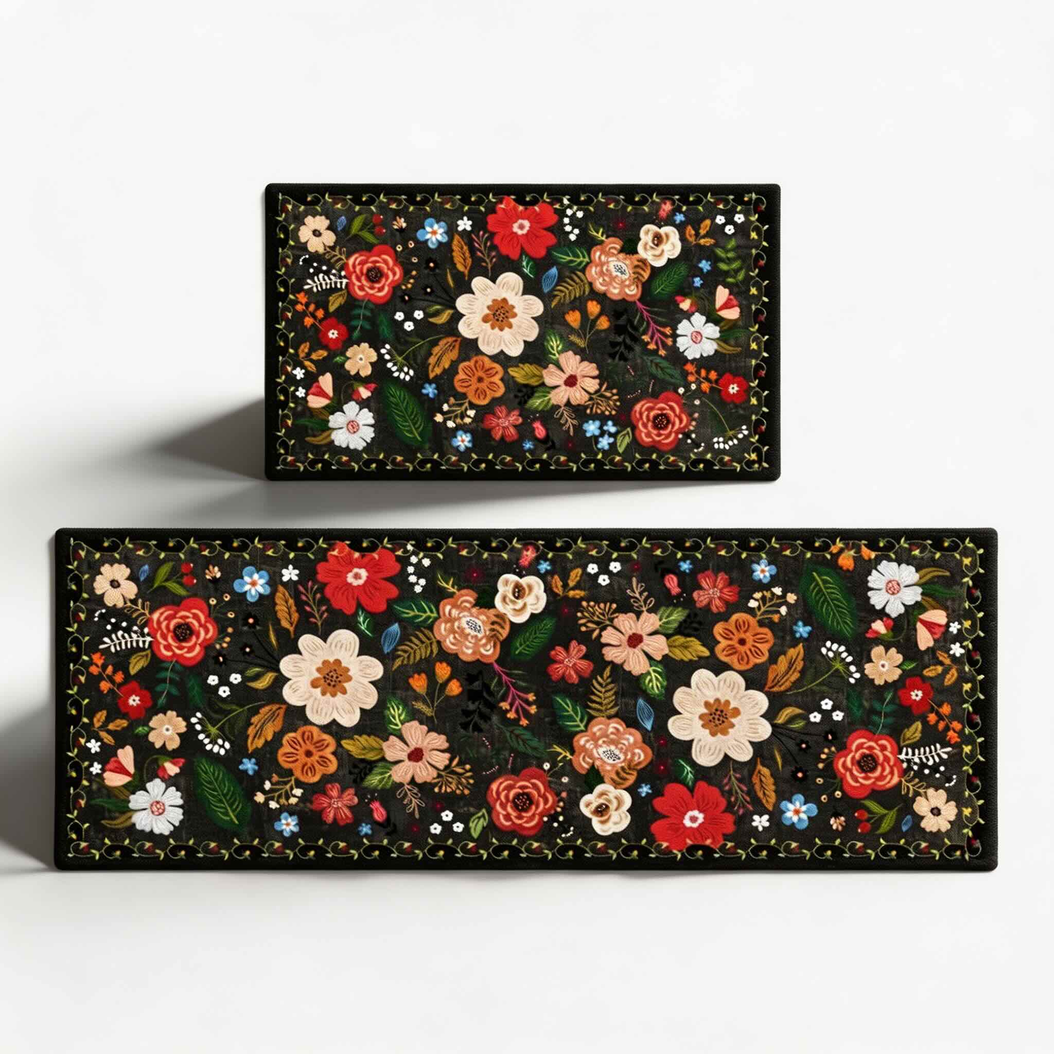 Boho Floral Anti-Fatigue Kitchen Mats Set, Durable Cotton & Polyester, 2 Rectangular Rugs | ribuella