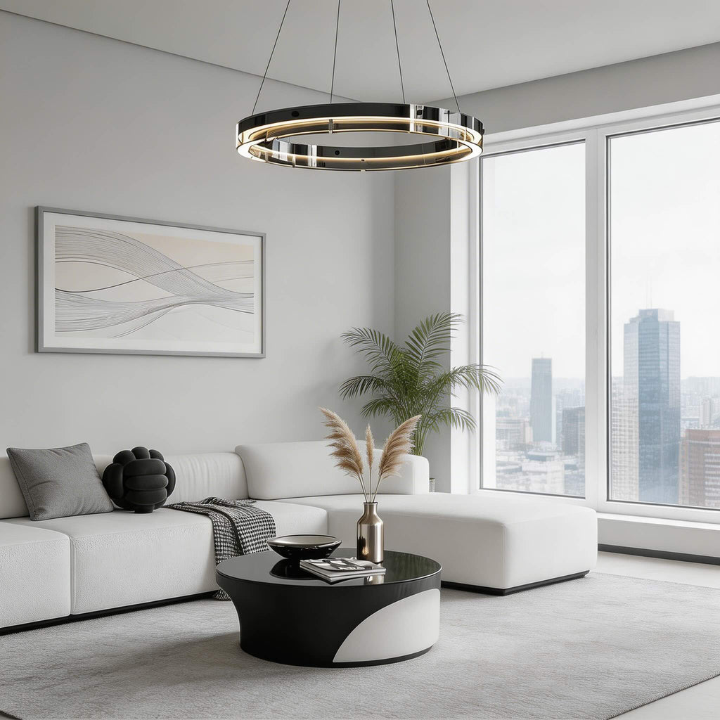 Luminaire suspendu LED moderne noir à hauteur réglable avec abat-jour en verre pour salle à manger | ribuella