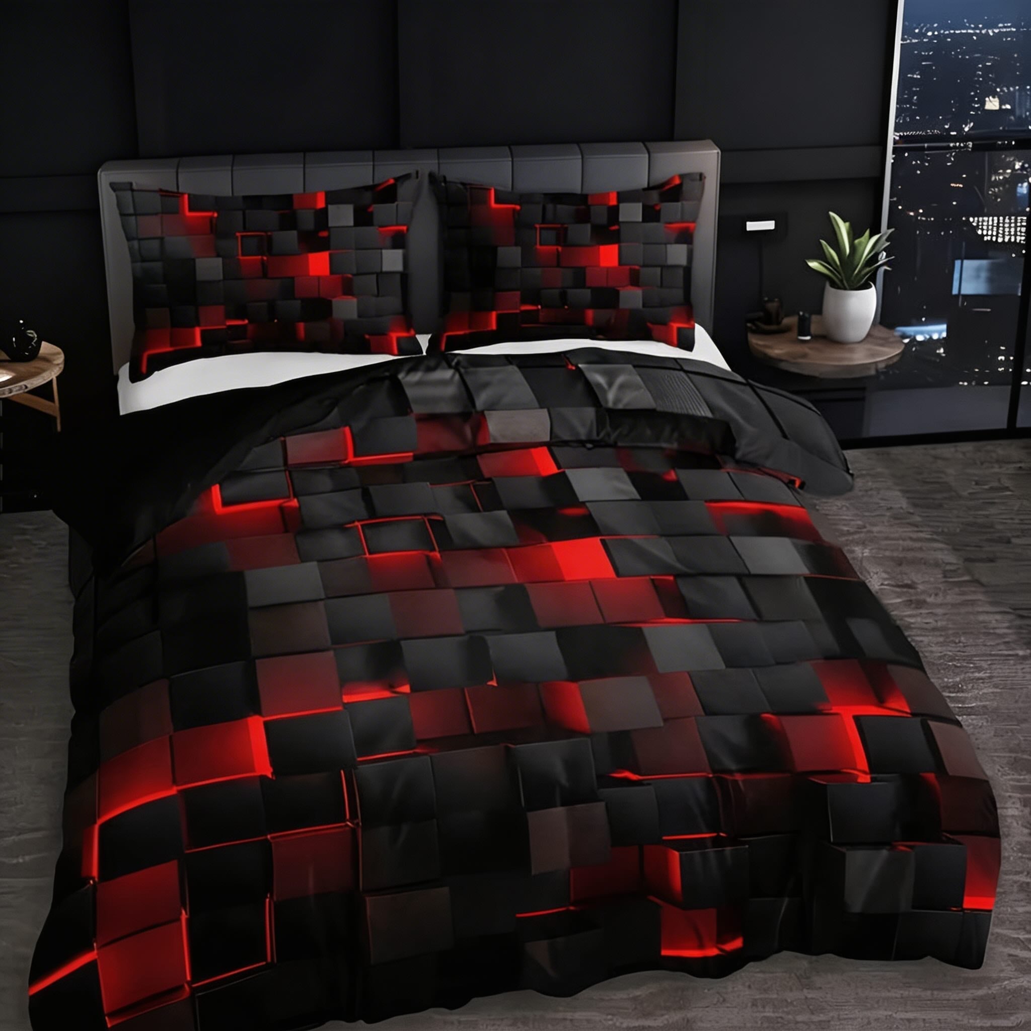 Modern Neon 3D Grid Print Quilt Cover Set 3pcs Soft Microfiber Cotton Blend Durable Design | ribuella