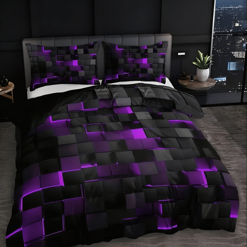 Modern Neon 3D Grid Print Quilt Cover Set 3pcs Soft Microfiber Cotton Blend Durable Design | ribuella