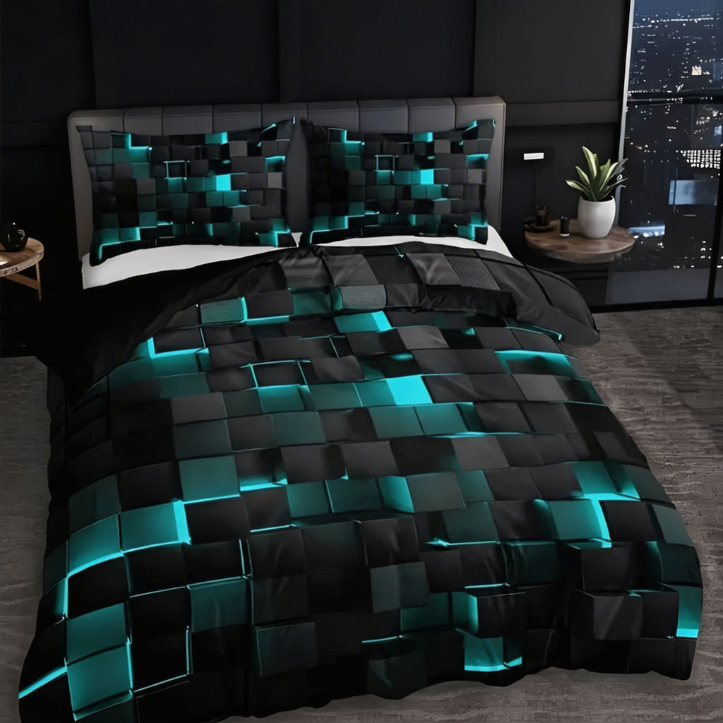 Modern Neon 3D Grid Print Quilt Cover Set 3pcs Soft Microfiber Cotton Blend Durable Design | ribuella