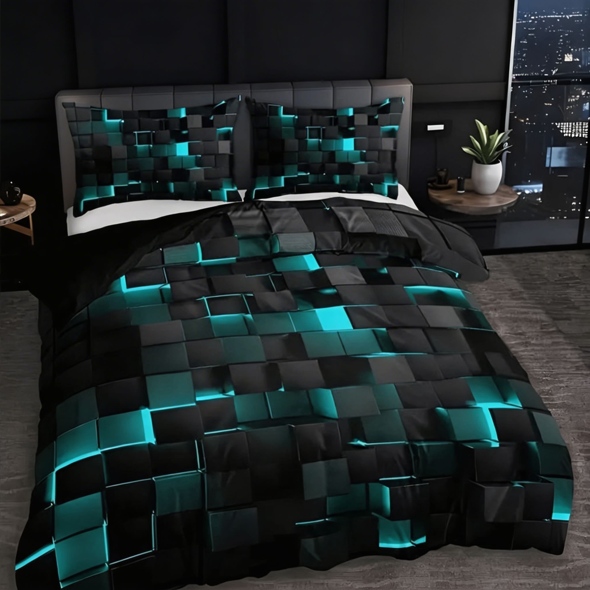 Modern Neon 3D Grid Print Quilt Cover Set 3pcs Soft Microfiber Cotton Blend Durable Design | ribuella