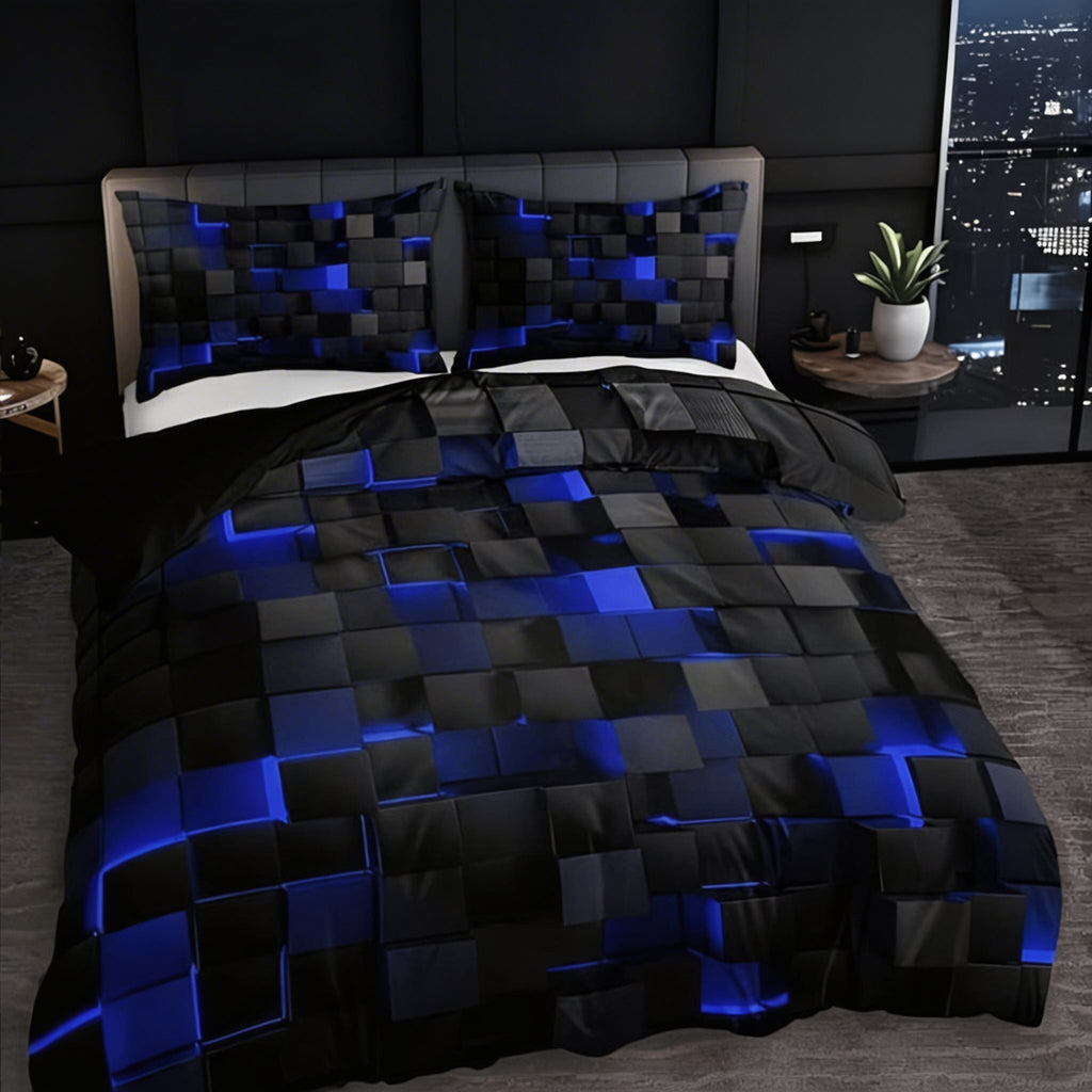 Modern Neon 3D Grid Print Quilt Cover Set 3pcs Soft Microfiber Cotton Blend Durable Design | ribuella