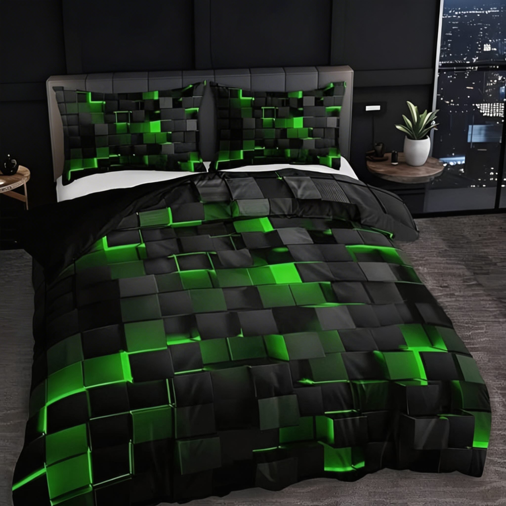 Modern Neon 3D Grid Print Quilt Cover Set 3pcs Soft Microfiber Cotton Blend Durable Design | ribuella