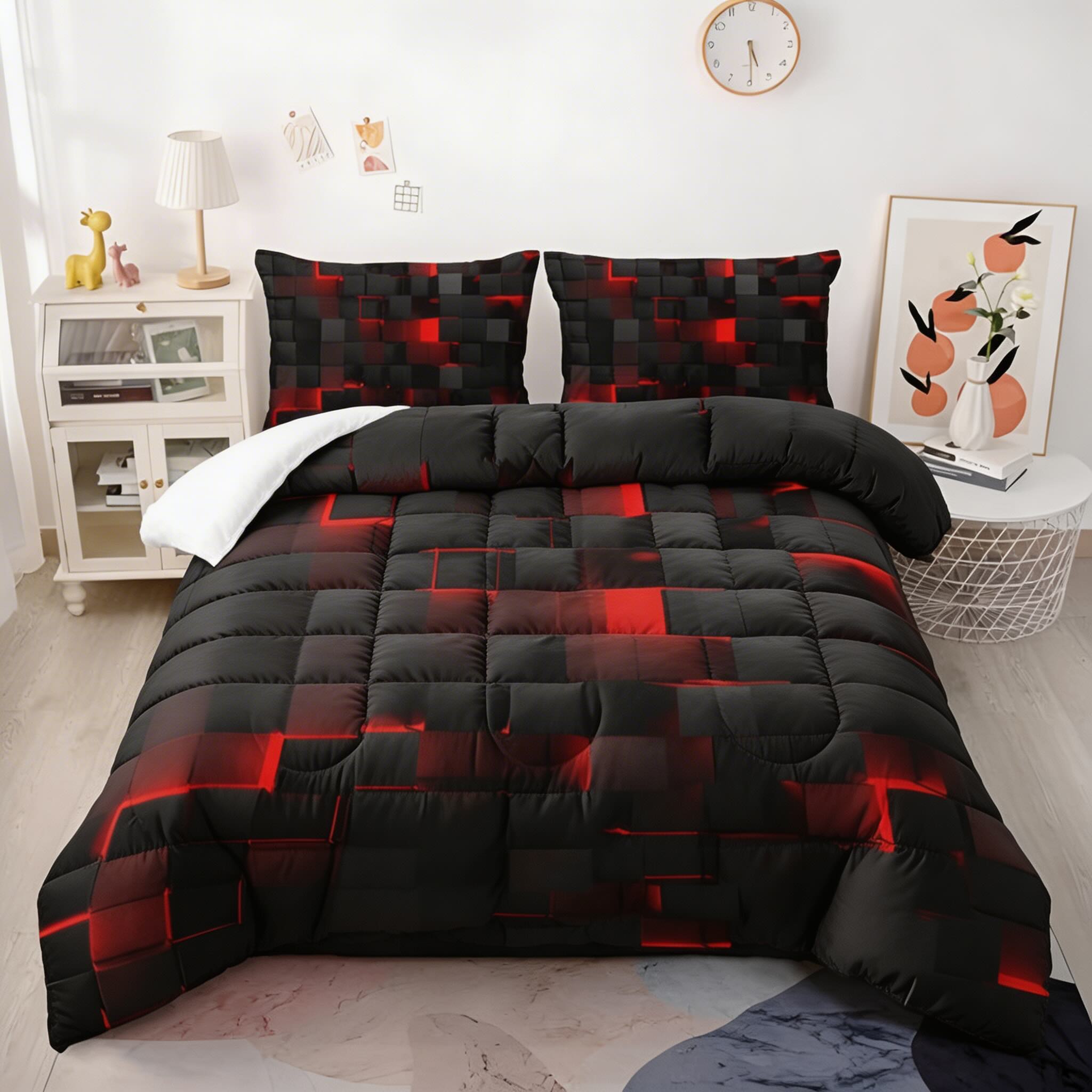Modern Neon 3D Grid Print Quilt Cover Set 3pcs Soft Microfiber Cotton Blend Durable Design | ribuella