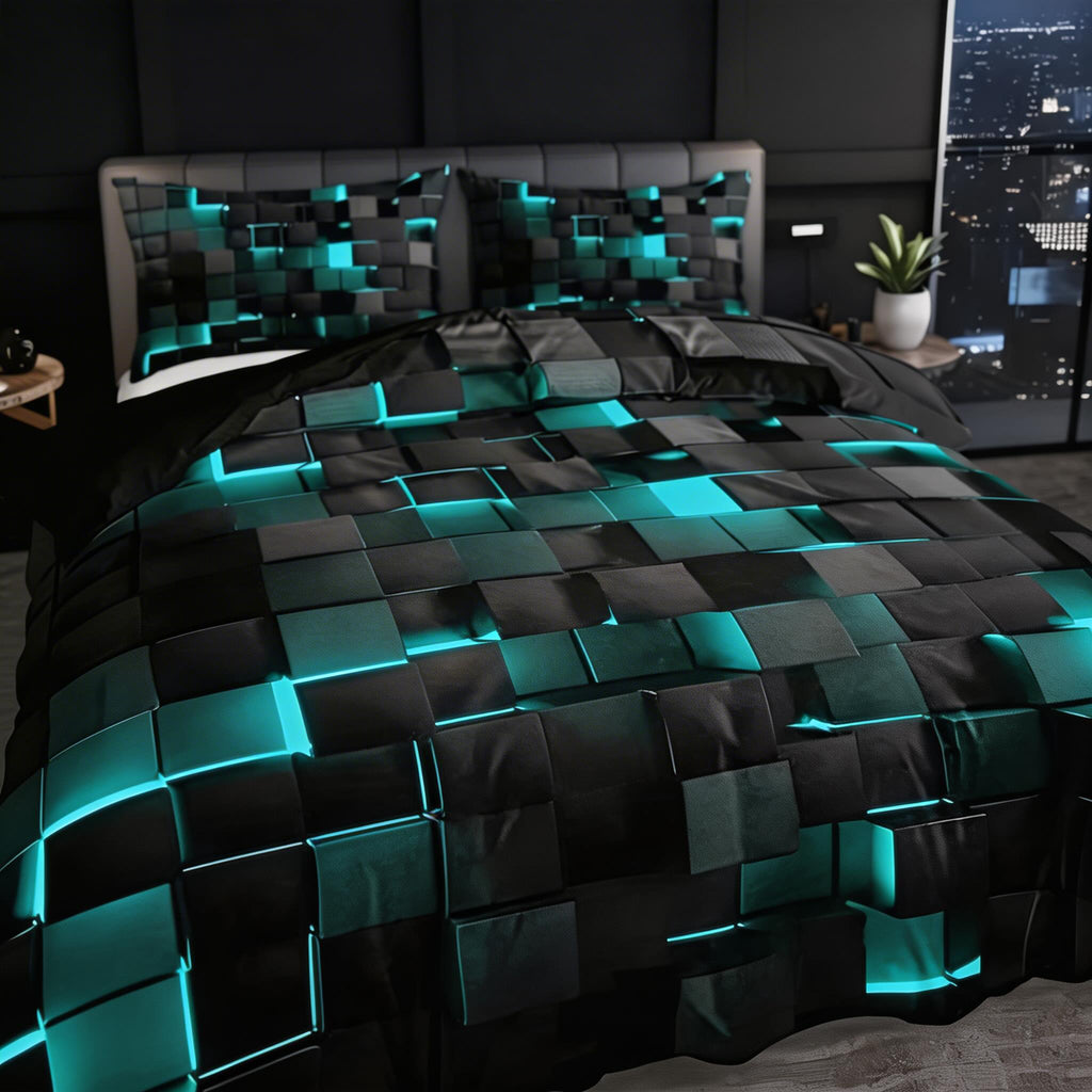 Modern Neon 3D Grid Print Quilt Cover Set 3pcs Soft Microfiber Cotton Blend Durable Design | ribuella