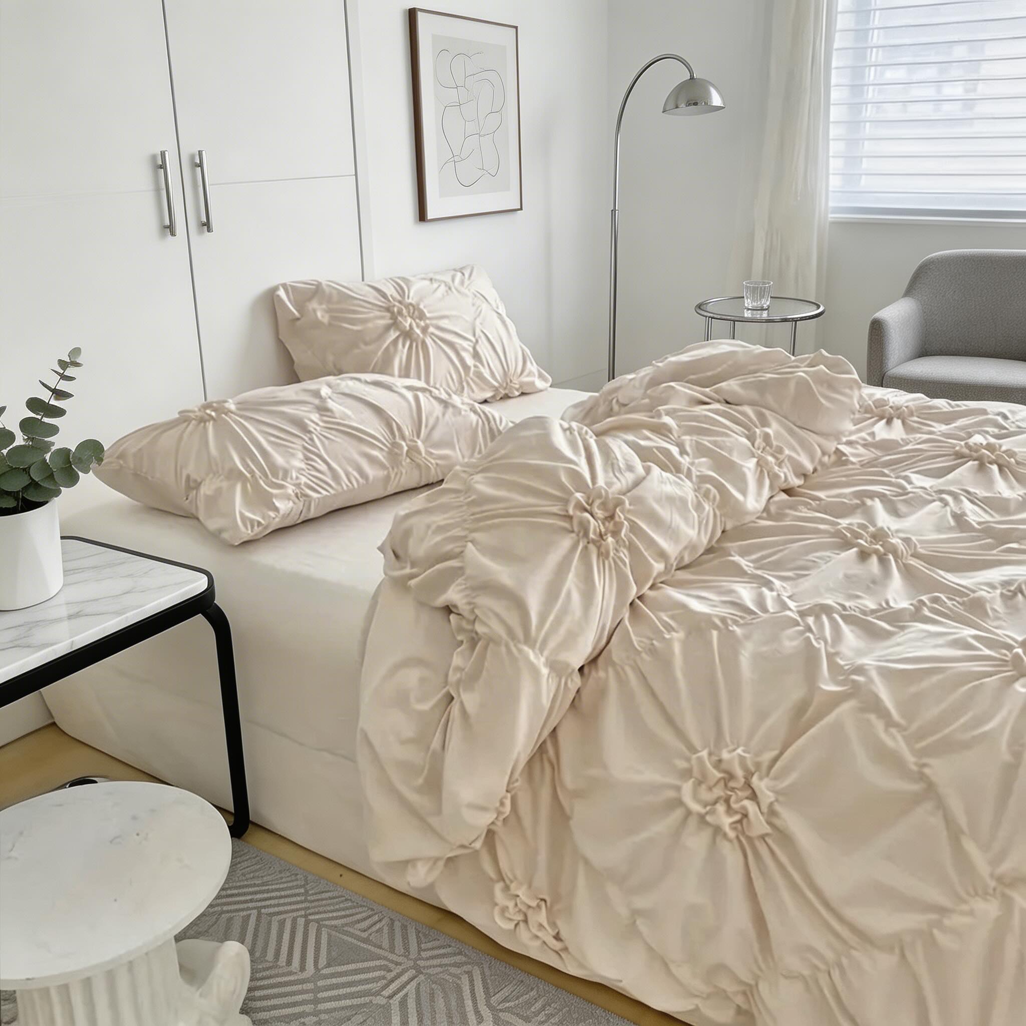 Elegant Ruffle Flower Quilt Cover Set Soft Microfiber Zipper Closure Machine Washable Corner Ties | ribuella