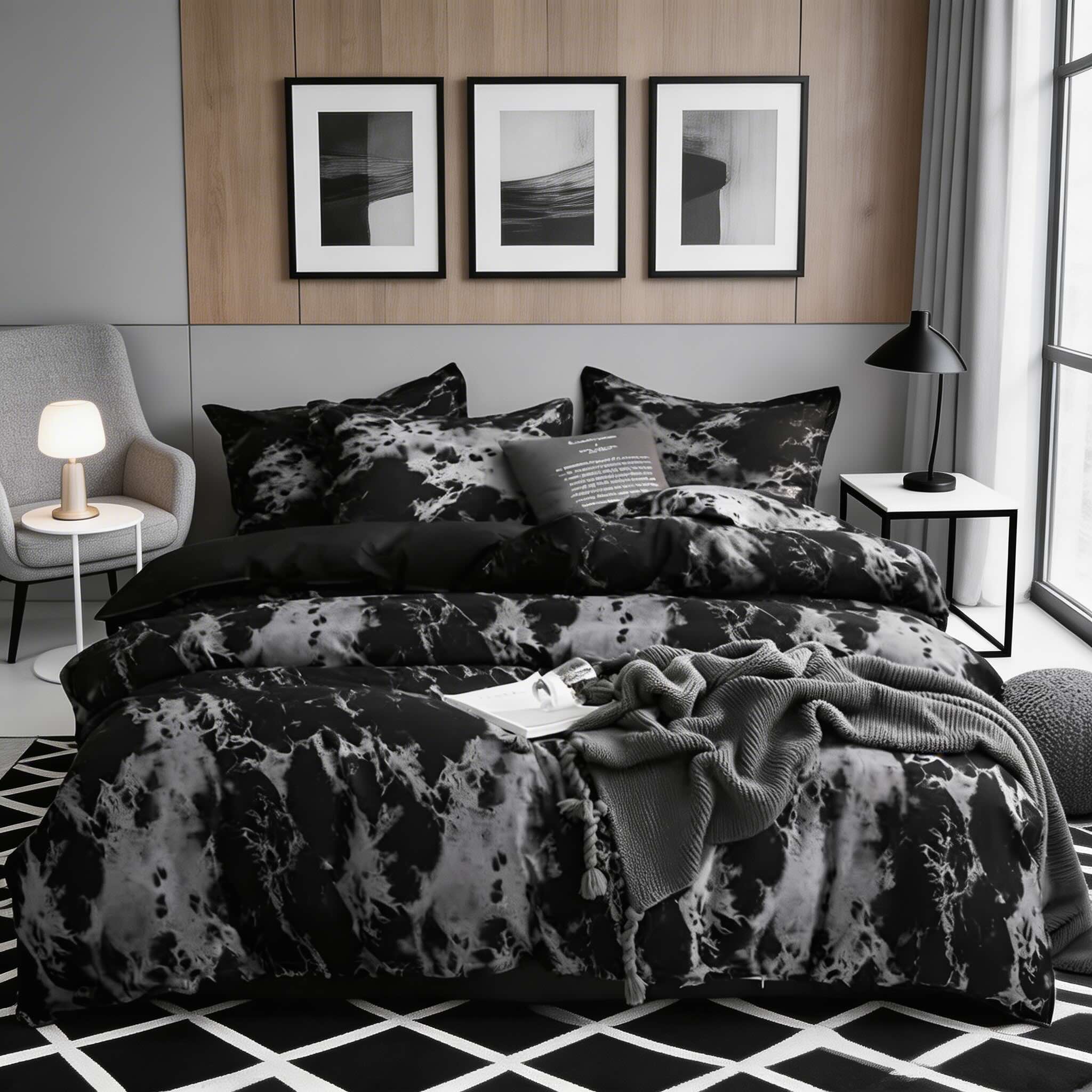 Modern Black Marble Quilt Cover Set Microfiber Duvet Covers with Two Pillowcases | ribuella