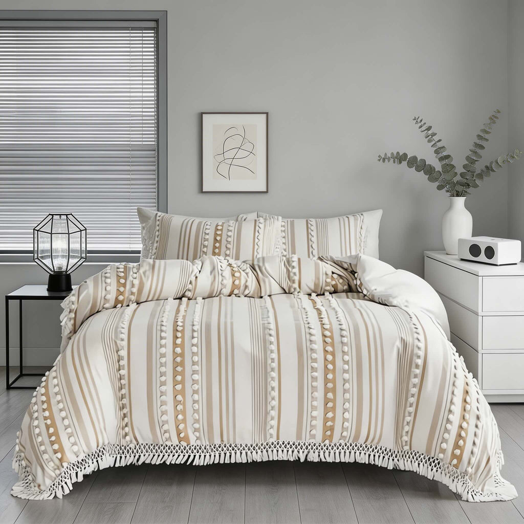 Contemporary Soft Stripe King Size Quilt Set Cotton Microfiber Blend with Tassels for Year-Round Comfort | ribuella