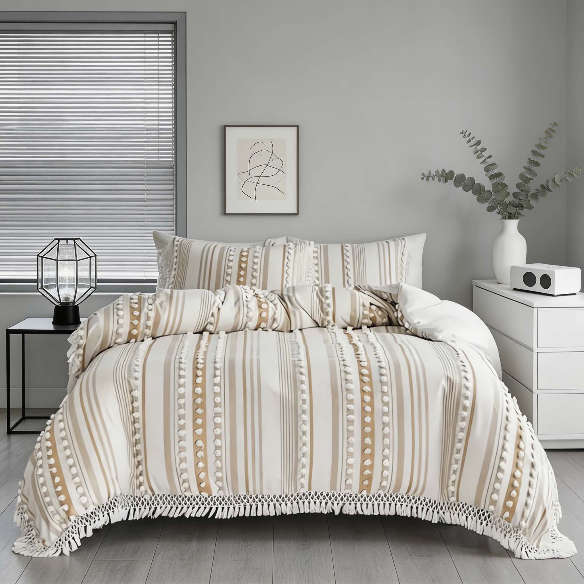 Contemporary Soft Stripe King Size Quilt Set Cotton Microfiber Blend with Tassels for Year-Round Comfort | ribuella