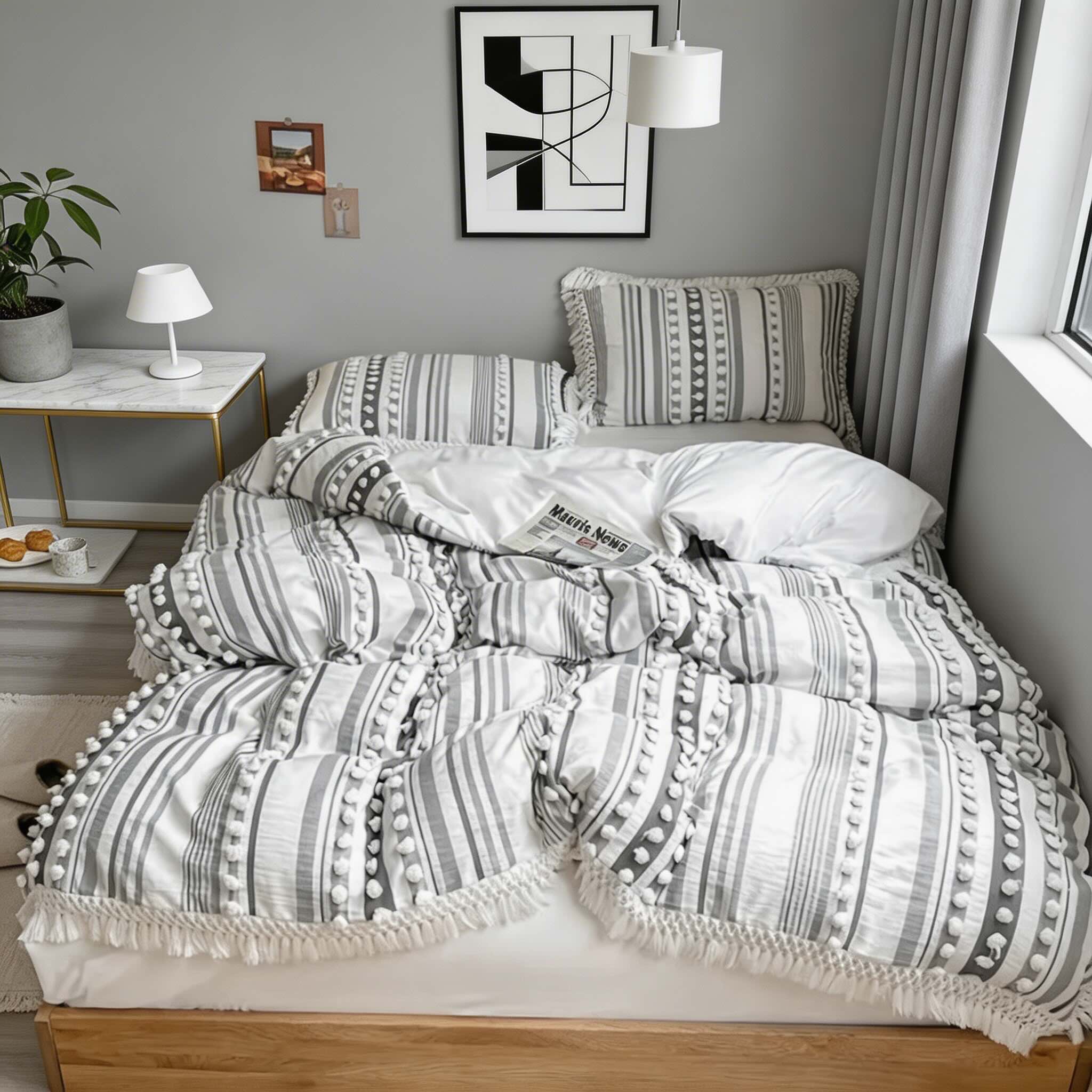 Contemporary Soft Stripe King Size Quilt Set Cotton Microfiber Blend with Tassels for Year-Round Comfort | ribuella