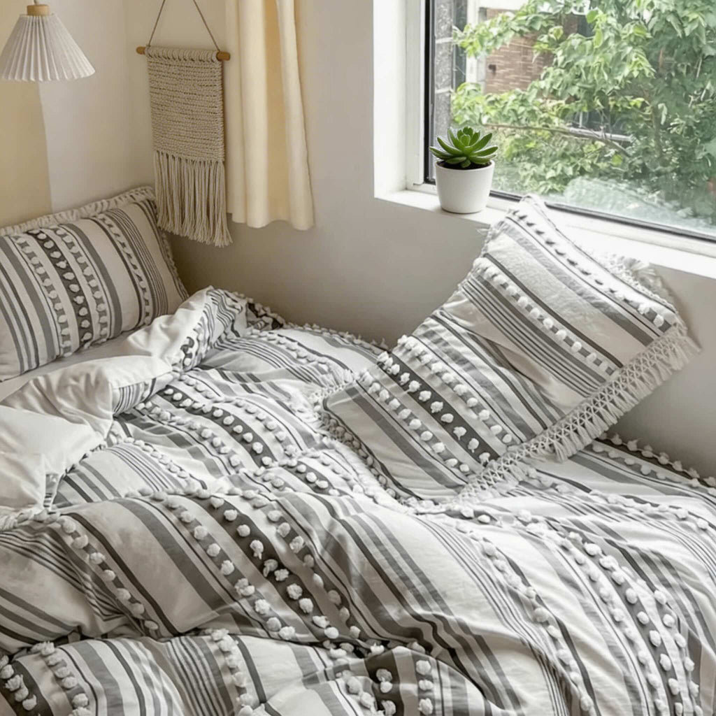 Contemporary Soft Stripe King Size Quilt Set Cotton Microfiber Blend with Tassels for Year-Round Comfort | ribuella