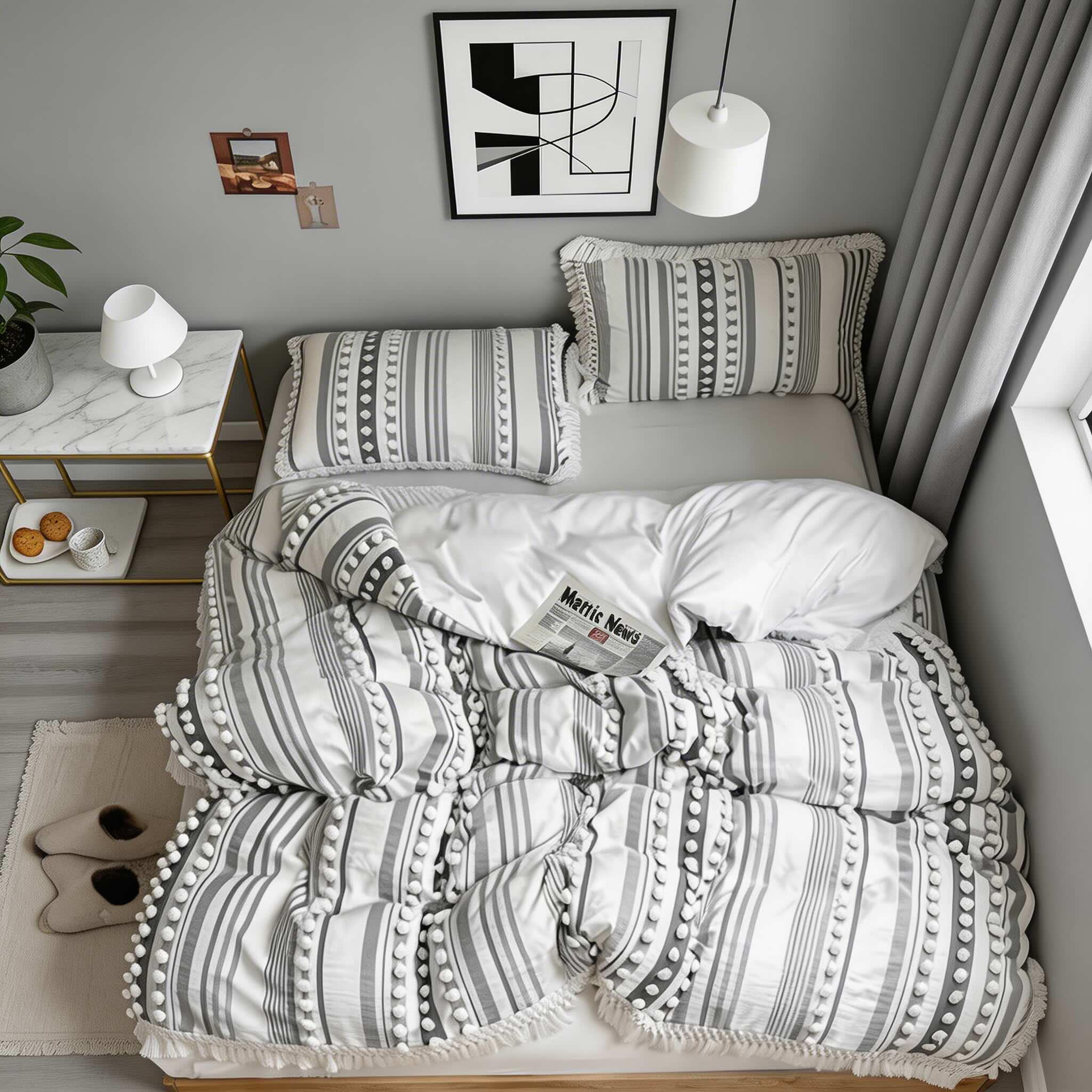 Contemporary Soft Stripe King Size Quilt Set Cotton Microfiber Blend with Tassels for Year-Round Comfort | ribuella
