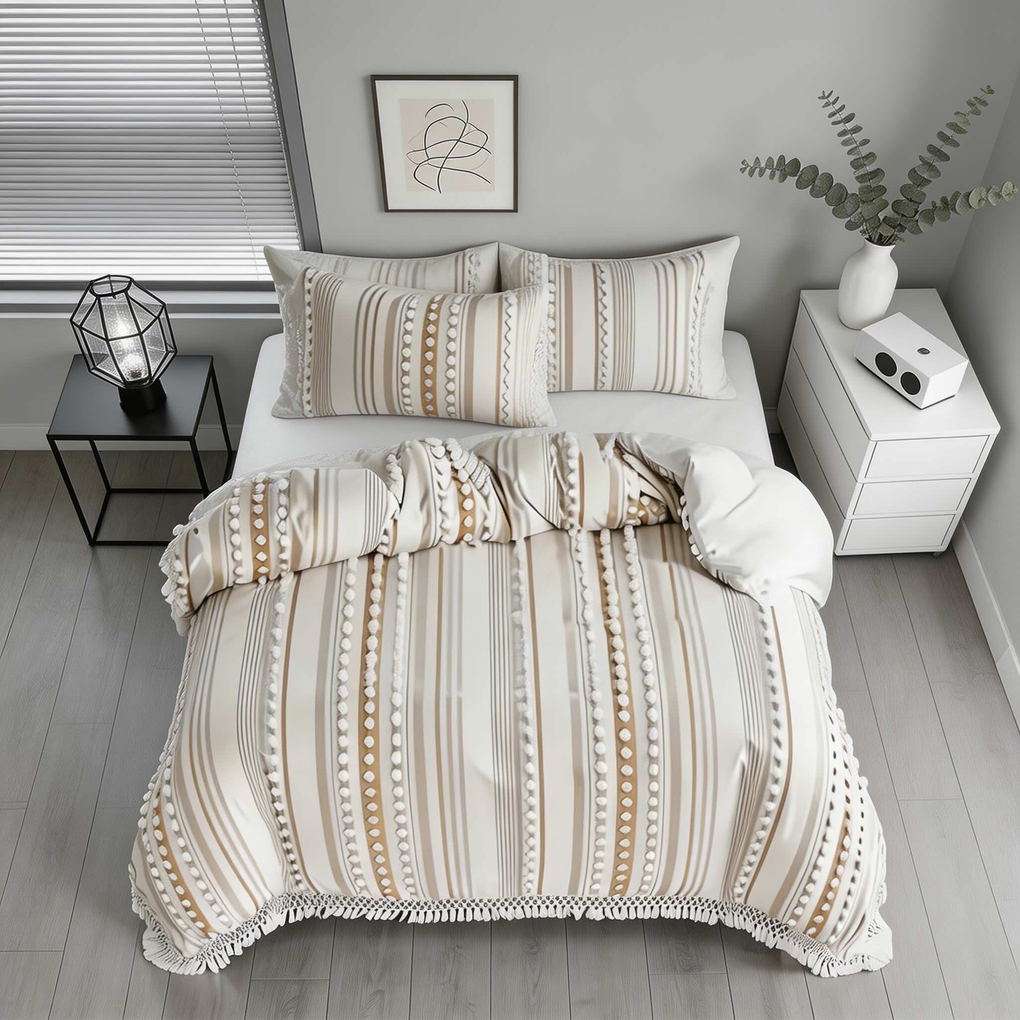 Contemporary Soft Stripe King Size Quilt Set Cotton Microfiber Blend with Tassels for Year-Round Comfort | ribuella