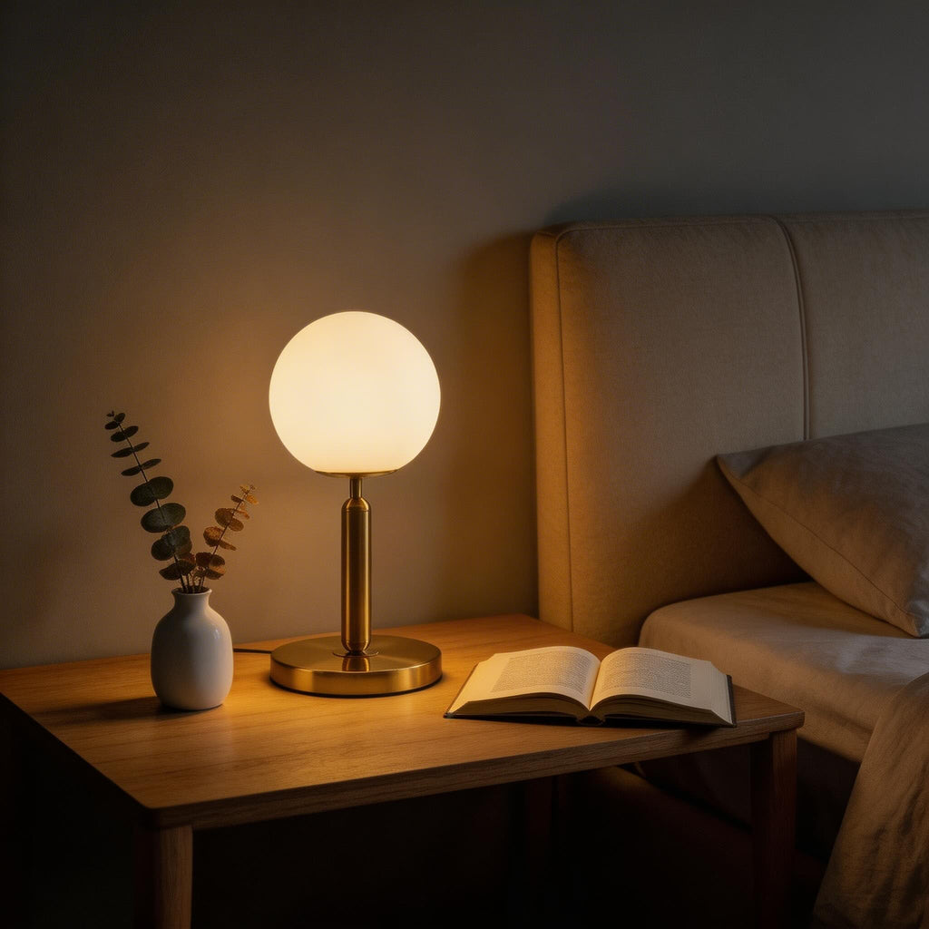 Lampe de table moderne au design de boule en verre, LED, ampoule E27 incluse, réglable, pour chambre et bureau | ribuella