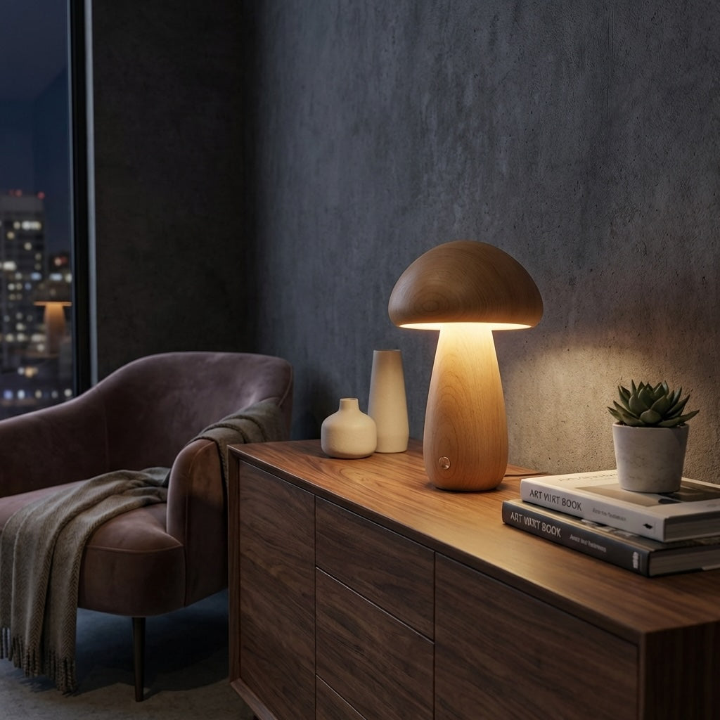 Modern Mushroom Table Lamp Battery Operated Touch Activated Wooden Nightstand Lamp Adjustable Brightness | ribuella