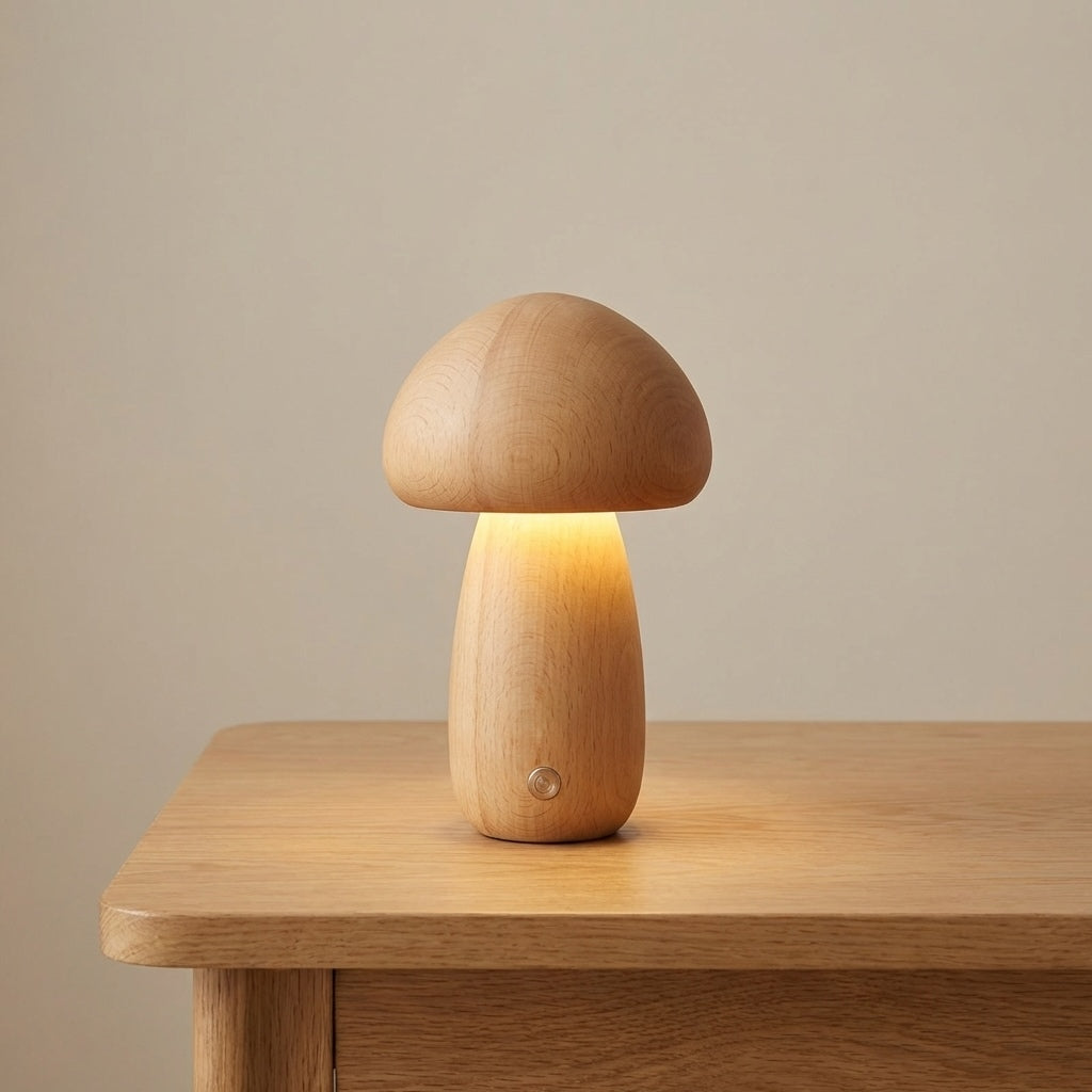 Modern Mushroom Table Lamp Battery Operated Touch Activated Wooden Nightstand Lamp Adjustable Brightness | ribuella