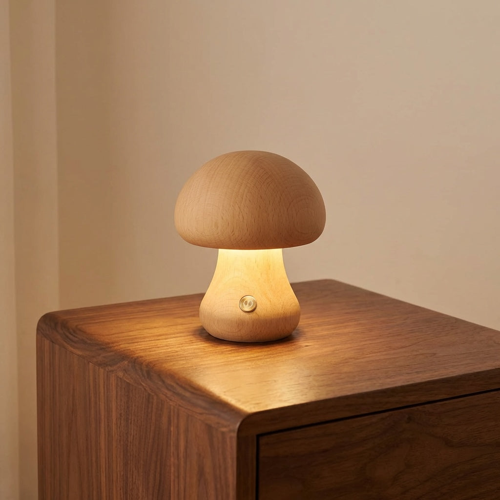 Modern Mushroom Table Lamp Battery Operated Touch Activated Wooden Nightstand Lamp Adjustable Brightness | ribuella