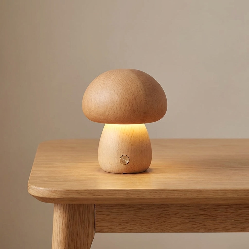 Modern Mushroom Table Lamp Battery Operated Touch Activated Wooden Nightstand Lamp Adjustable Brightness | ribuella