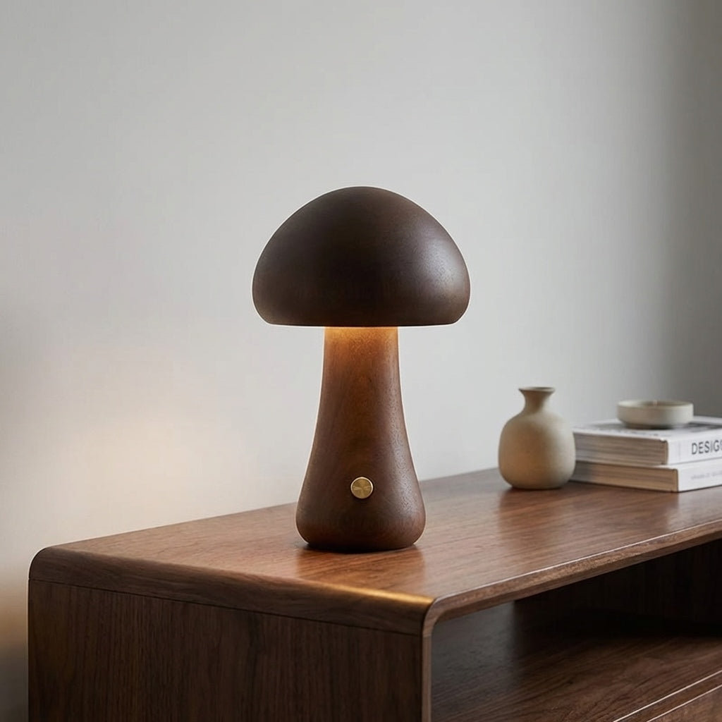 Modern Mushroom Table Lamp Battery Operated Touch Activated Wooden Nightstand Lamp Adjustable Brightness | ribuella