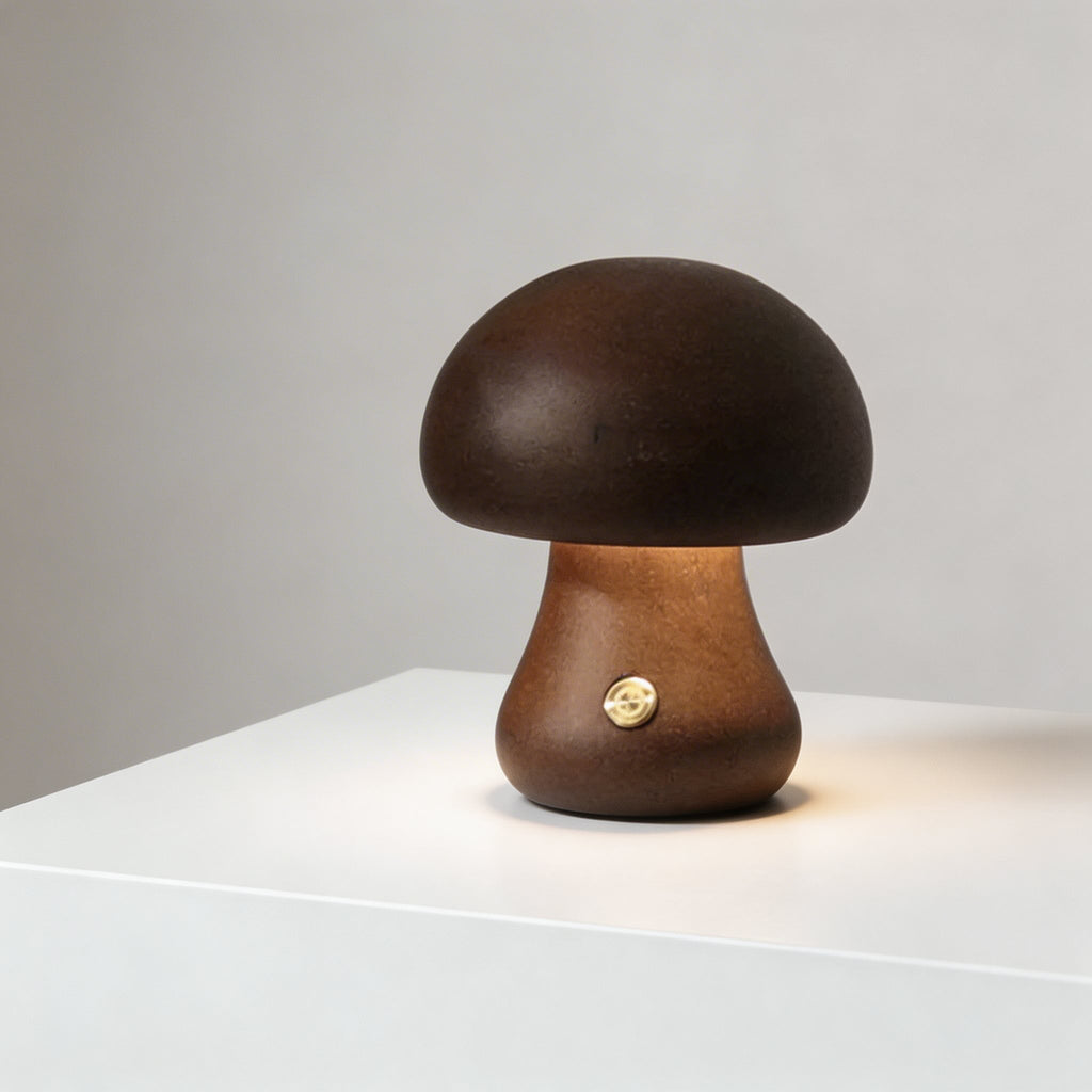 Modern Mushroom Table Lamp Battery Operated Touch Activated Wooden Nightstand Lamp Adjustable Brightness | ribuella