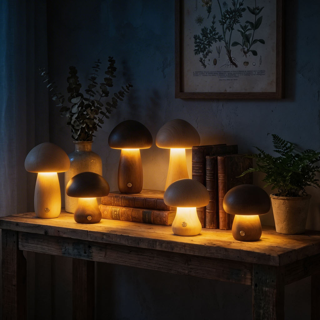 Modern Mushroom Table Lamp Battery Operated Touch Activated Wooden Nightstand Lamp Adjustable Brightness | ribuella